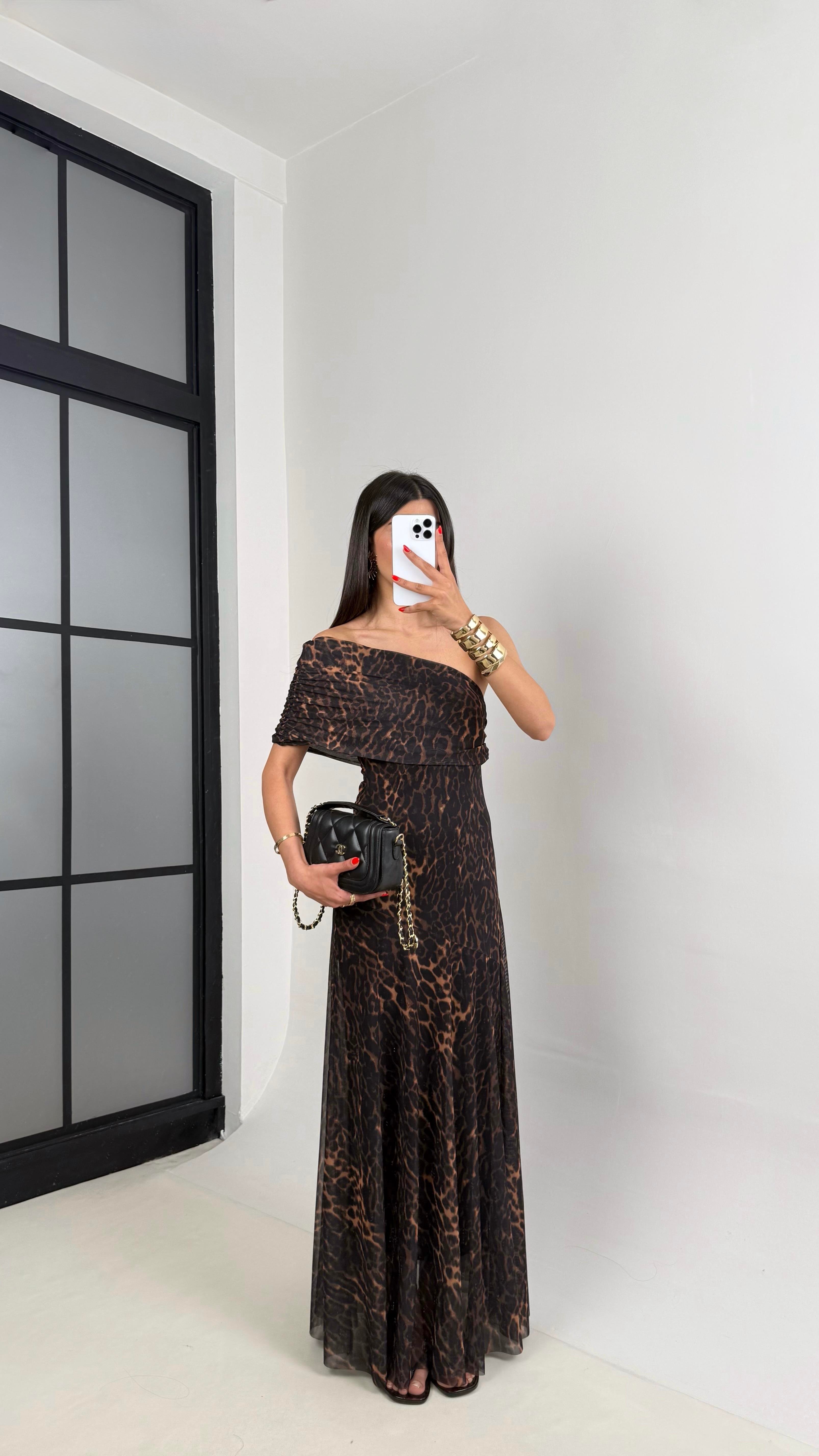 Leopar Desenli Tek Omuz  Astarlı Tasarım Şifon Elbise Gaus00496GausELBİSEGU1002162