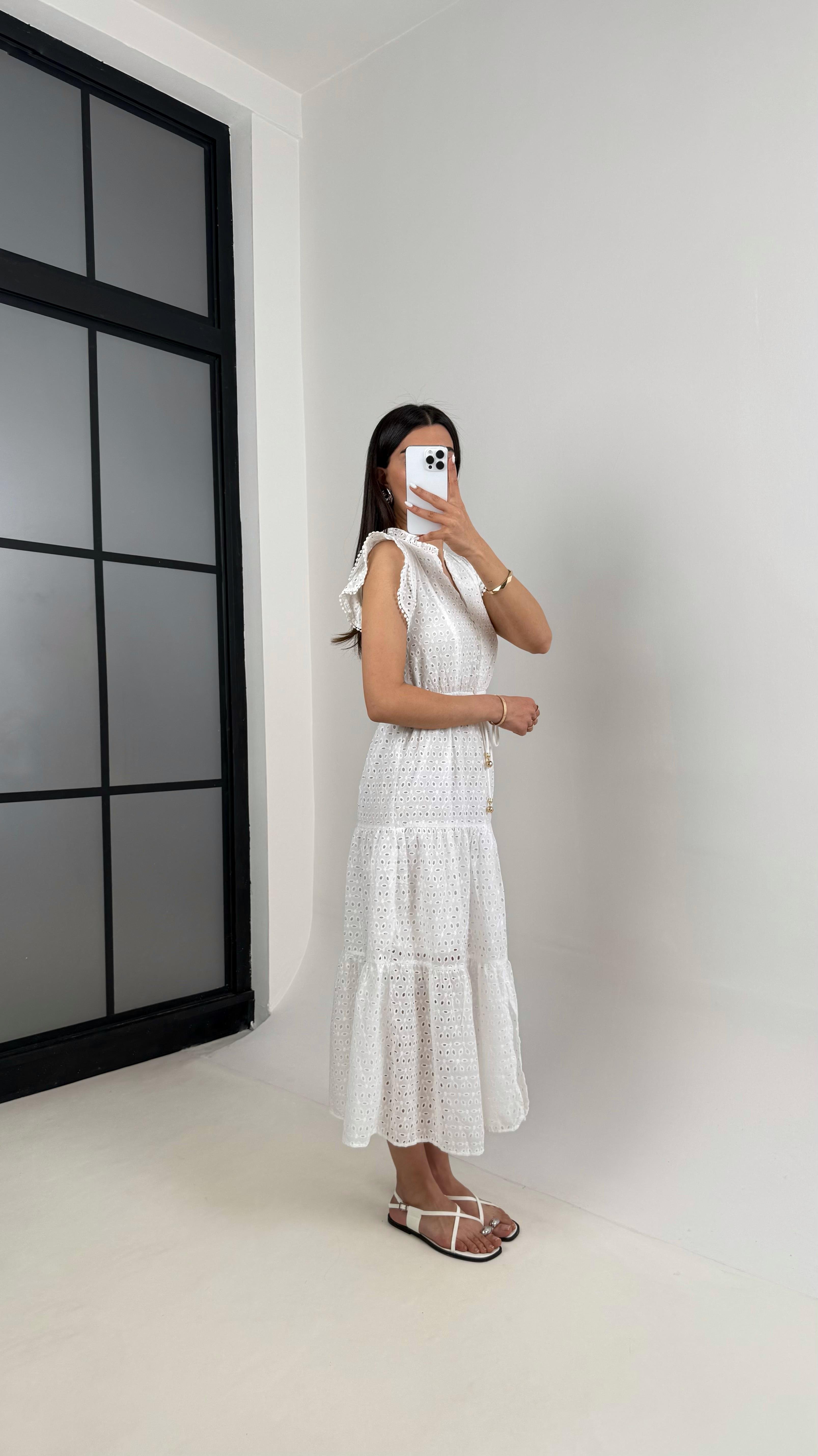 Beyaz V Yaka Astarlı Fistolu Elbise Gaus00406GausELBİSEGU1001947