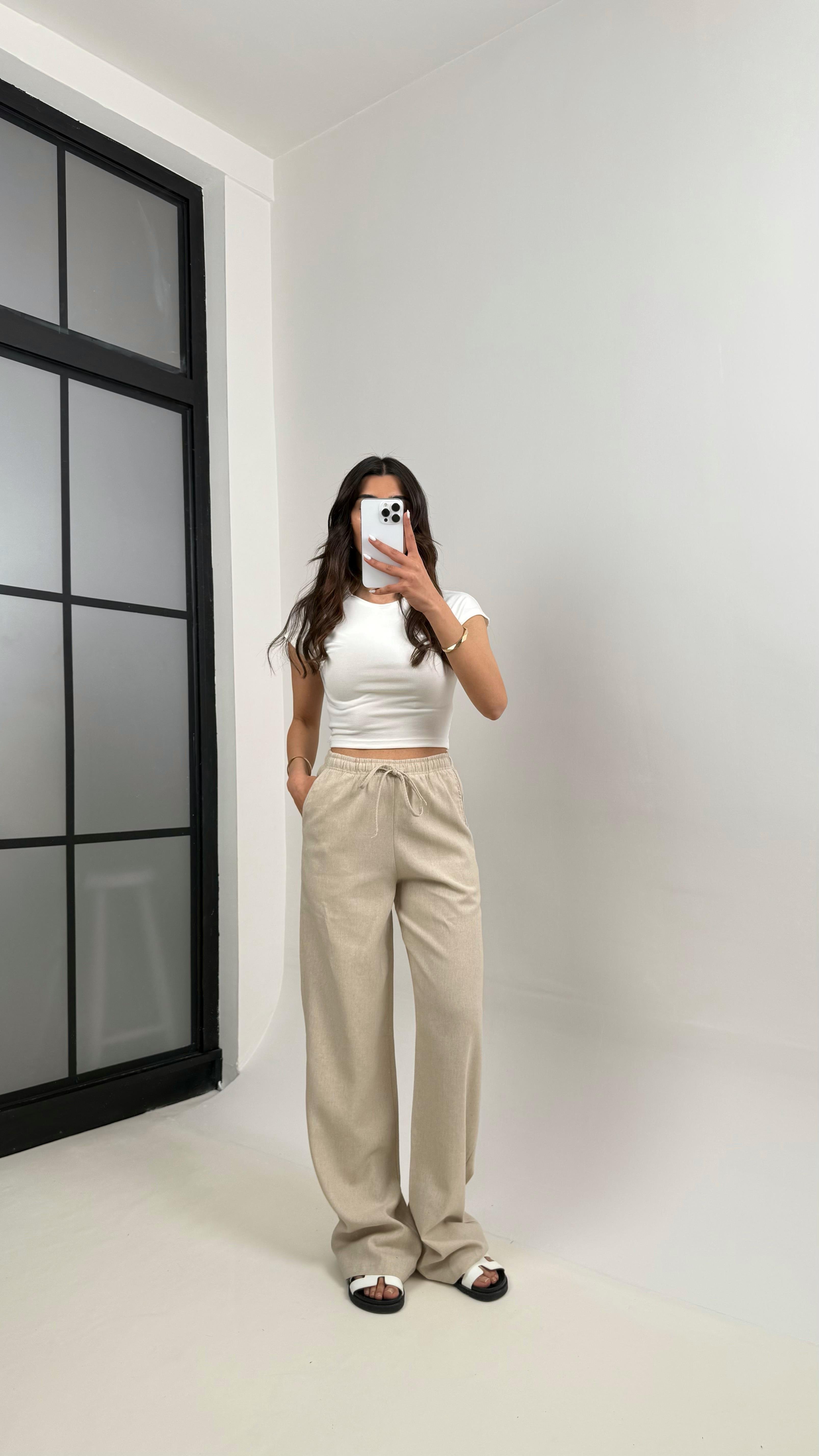 Taş Beli Lastikli Muadil Keten Pantolon Gaus00346GausPantsGU1001805