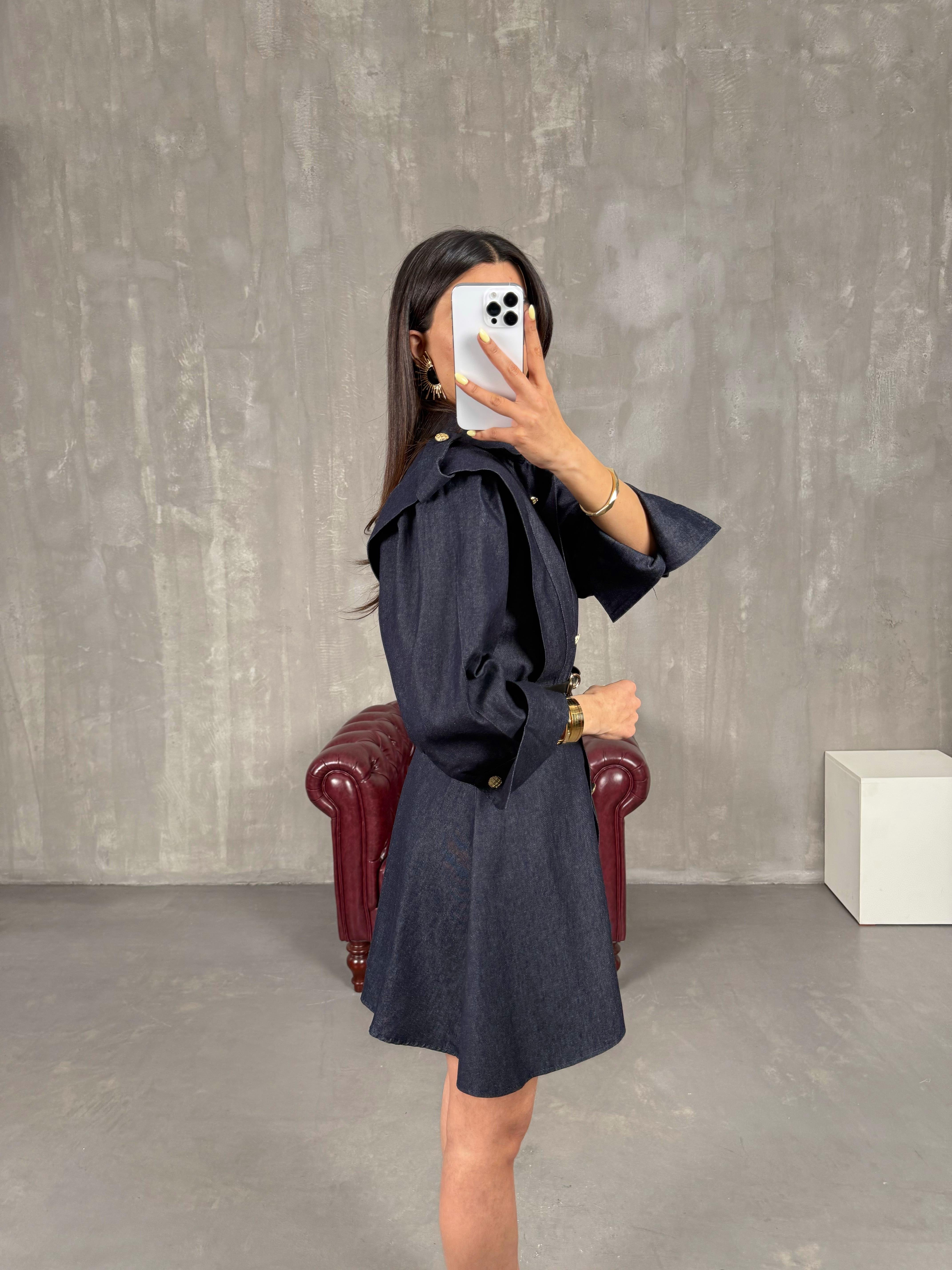 Lacivert Düğmeli Kemerli Muadil Denim Elbise Gaus00128GausELBİSEGU1001288