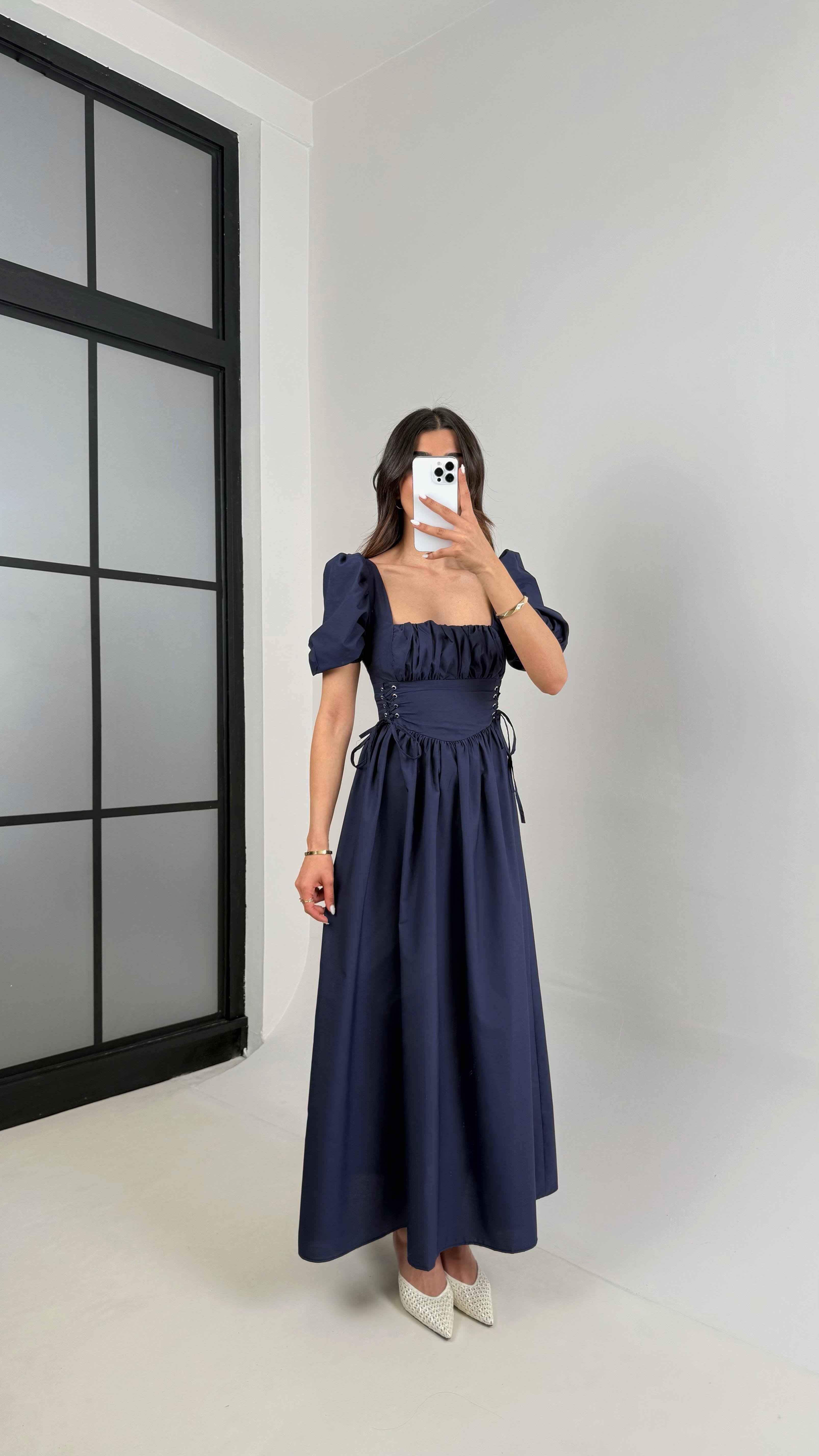 Lacivert Balon Kol Önü Büzgülü İthal Kumaş Elbise Gaus00425GausELBİSEGU1001990