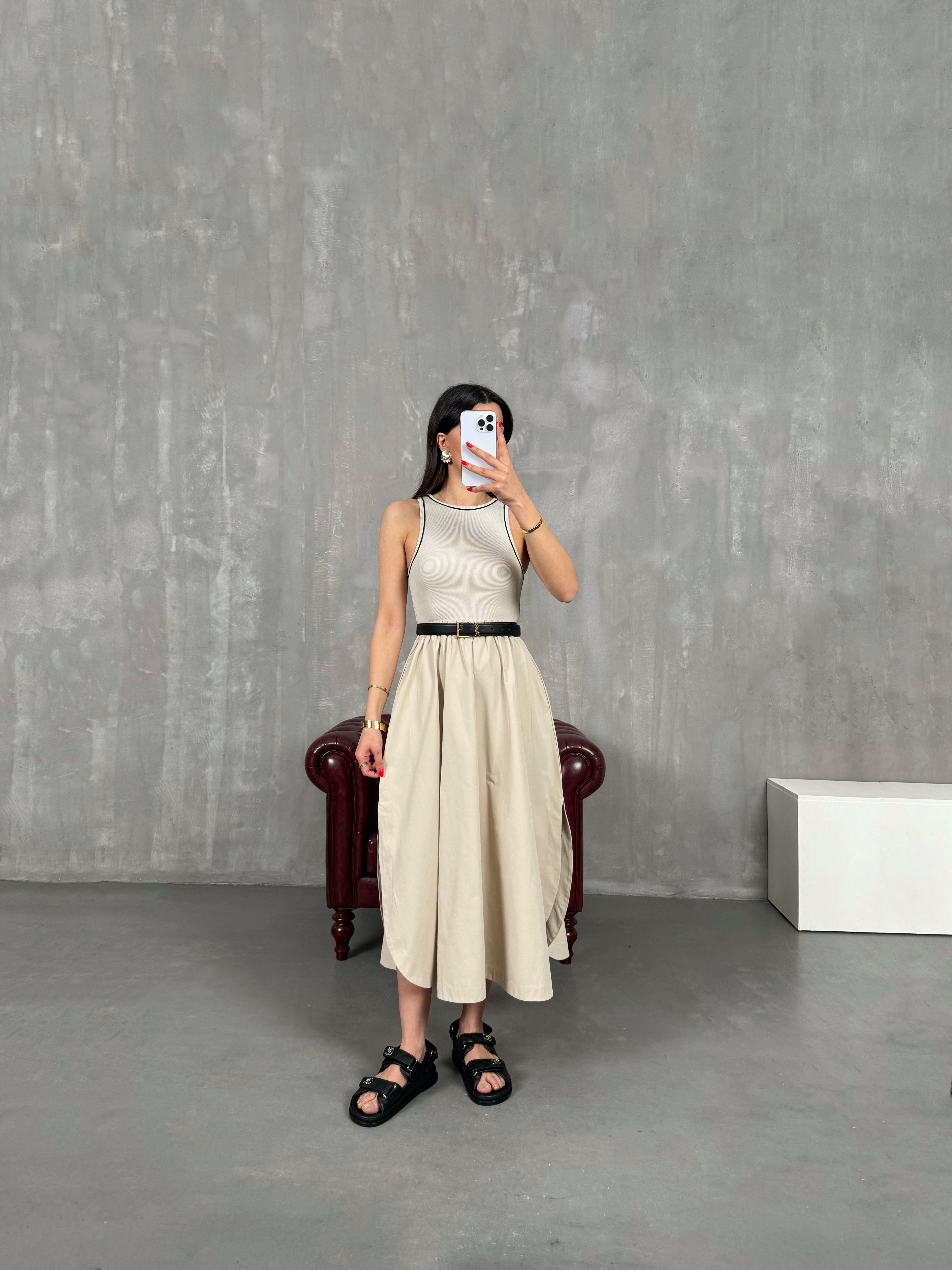 Taş Poplin Karışımlı Fitilli Sıfır Kol Yırtmaçlı Cepli Elbise Gaus00172GausELBİSEGU1001398