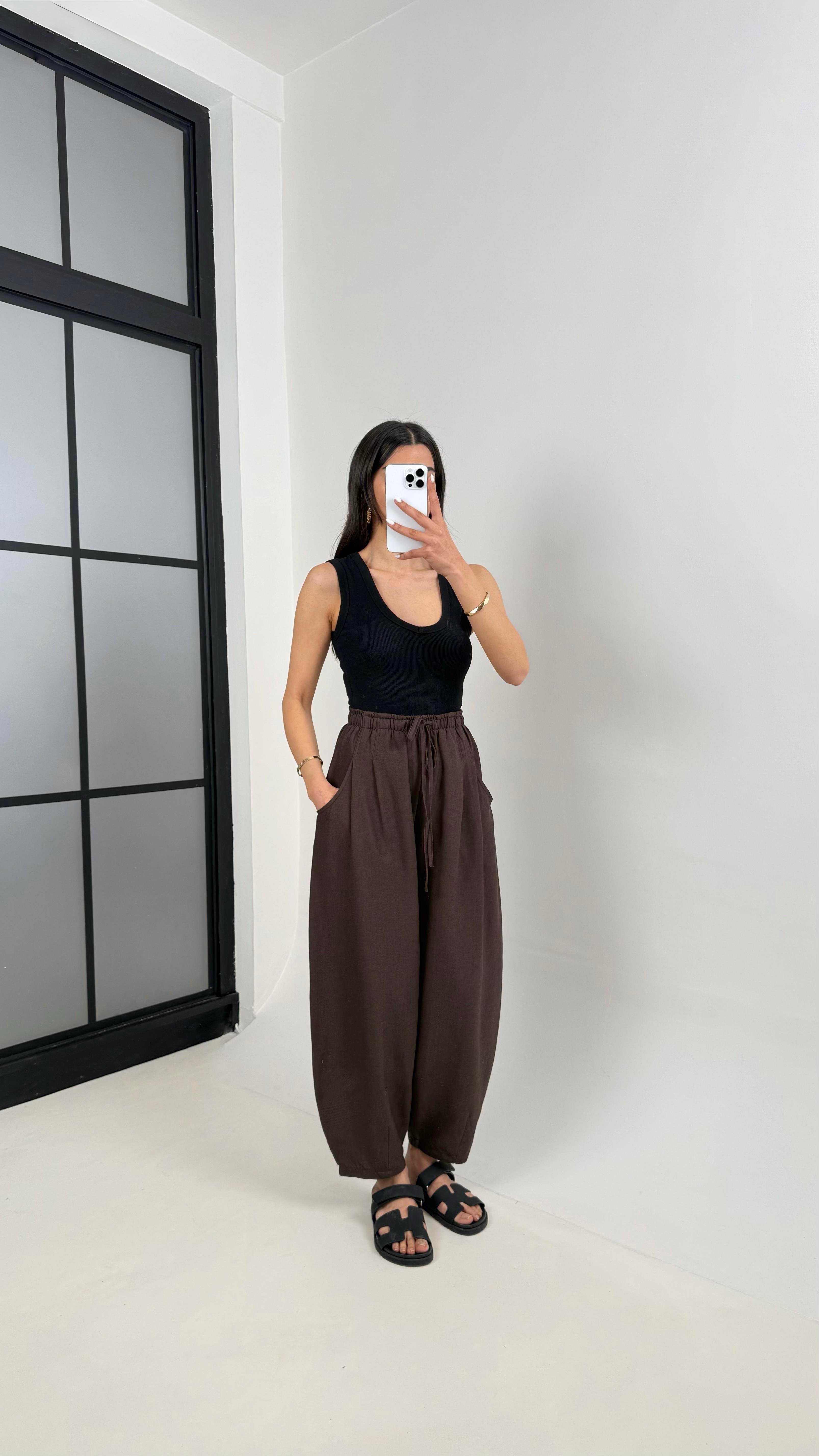 Kahve Beli Lastikli Cepli Balon Keten Pantolon Gaus00391GausPANTOLONGU1001915