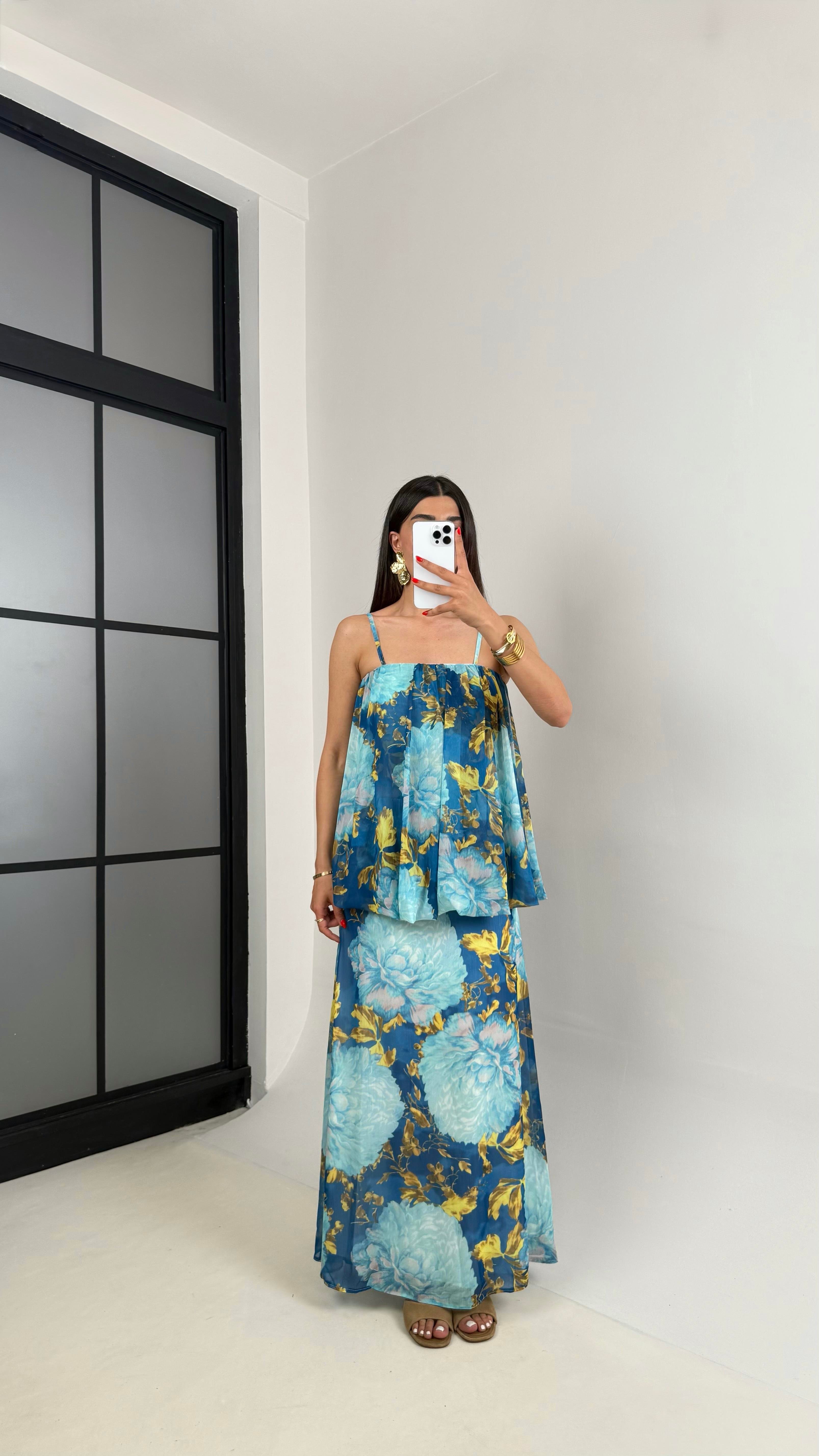 Mavi Çiçek Desenli Ayarlanabilir Askılı Astarlı Katlı Şifon Elbise Gaus00469GausELBİSEGU1002099