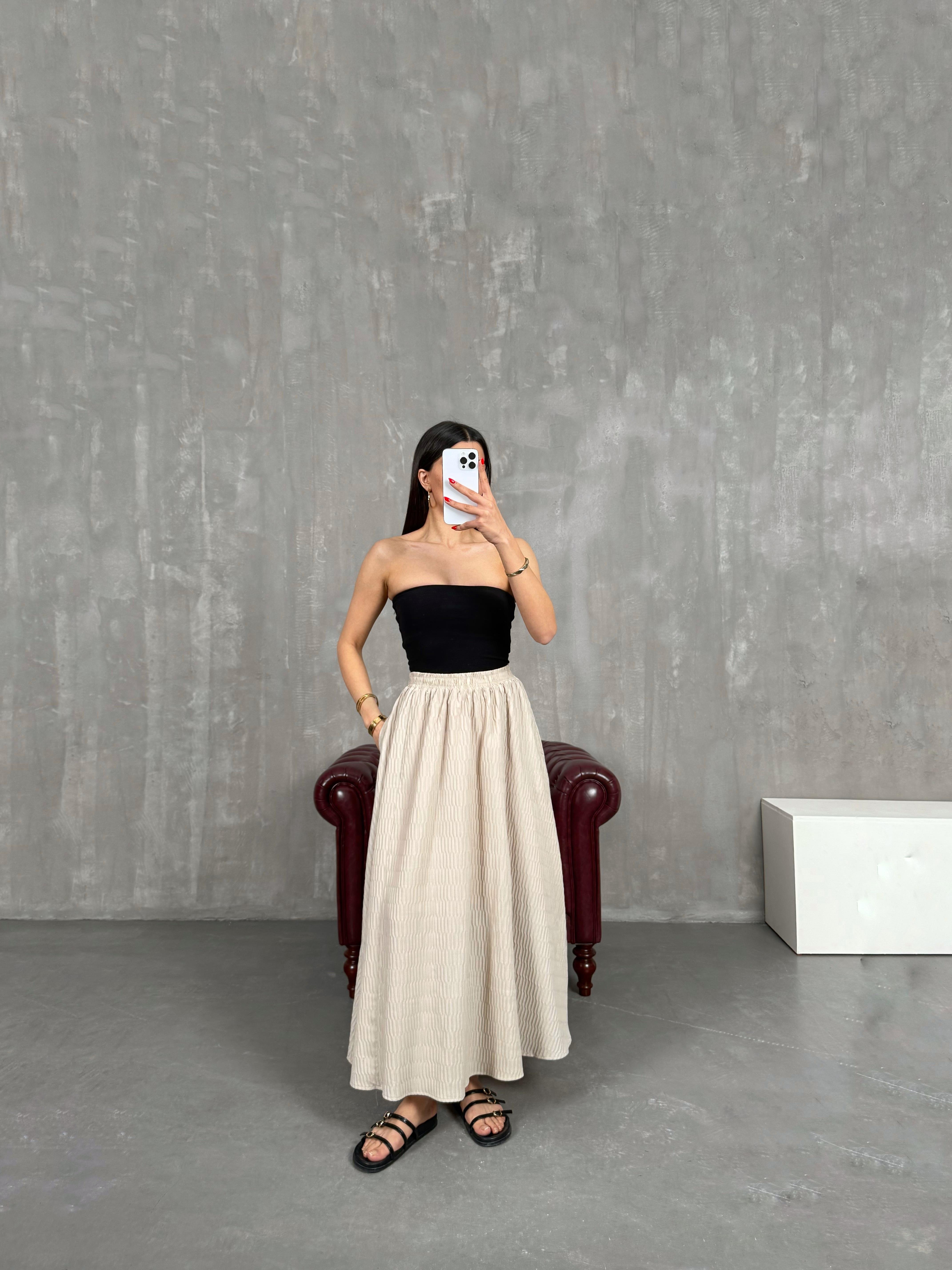 Vizon Beli Lastikli Astarlı Büzgü Detaylı Etek Gaus00196GausETEKGU1001462