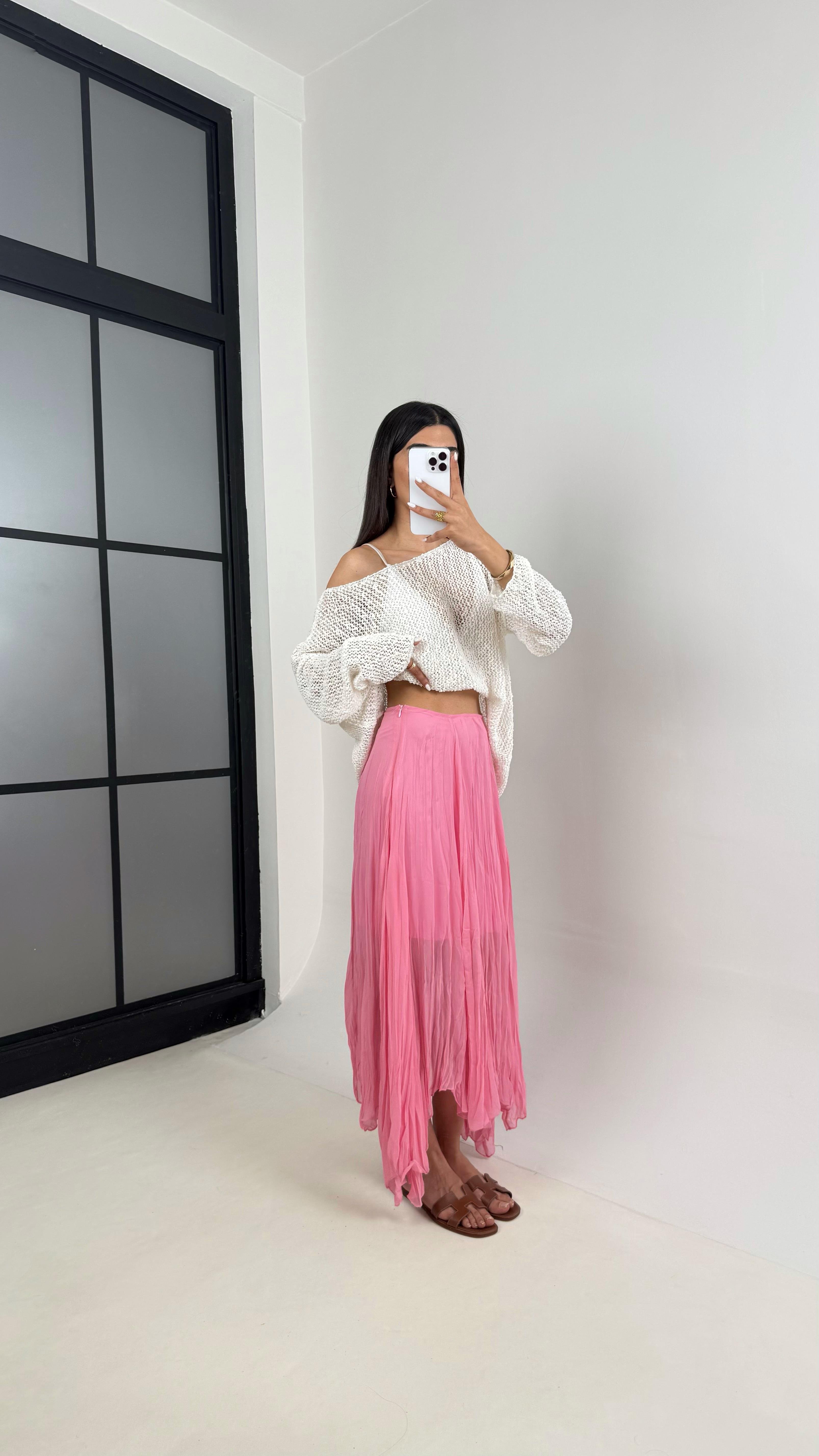 Pembe Astarlı Kırışık Şifon Muadil Etek Gaus00447GausETEKGU1002041