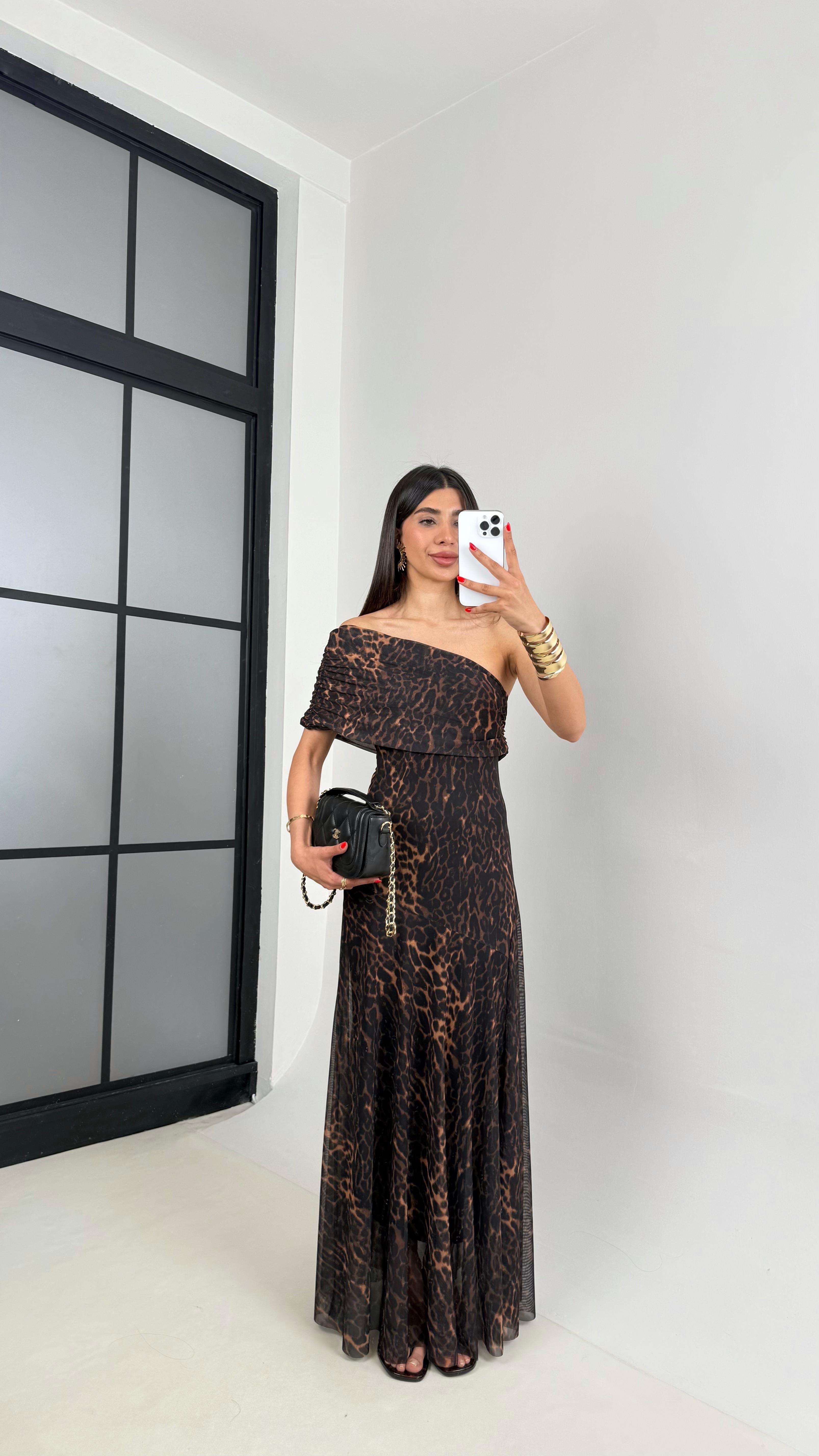 Leopar Desenli Tek Omuz  Astarlı Tasarım Şifon Elbise Gaus00496GausELBİSEGU1002162