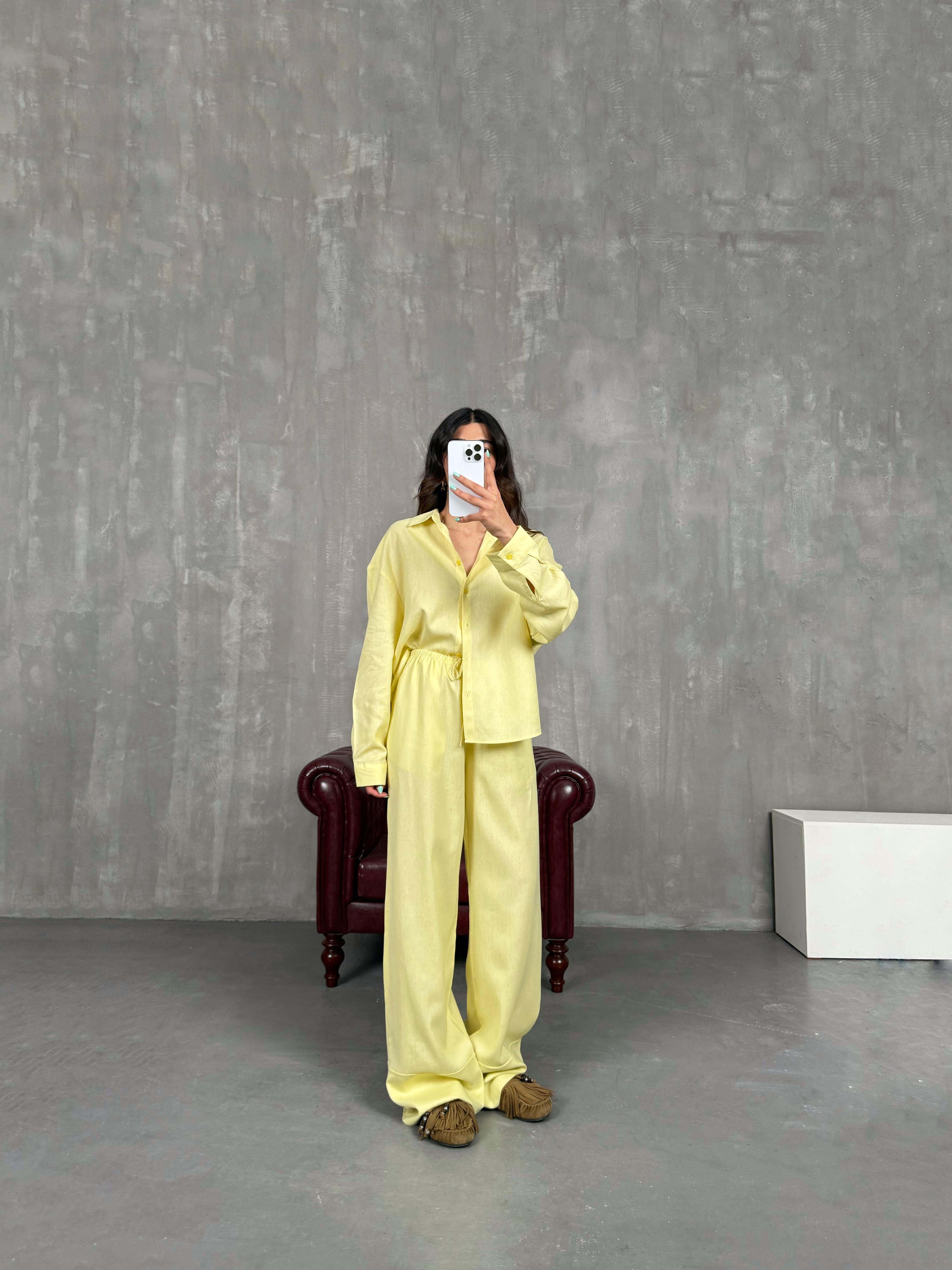 Sarı Beli Lastikli Keten Takım Gaus00224GausTAKIMGU1001515