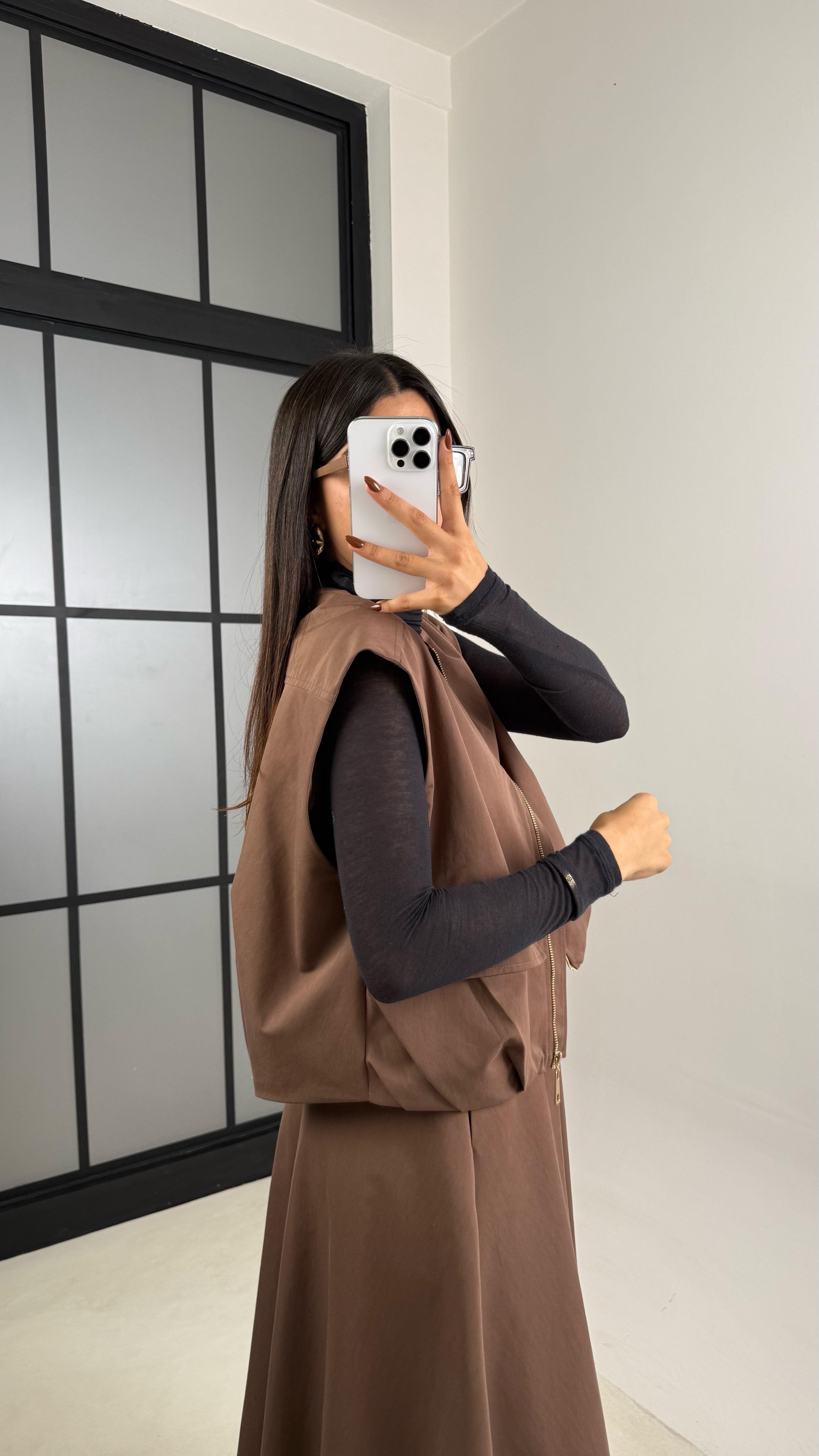 Kahve Astarlı Cep Detaylı Yelek Etek İkili Premium Takım GAUS-00181GAUSTAKIMGAUS-00181