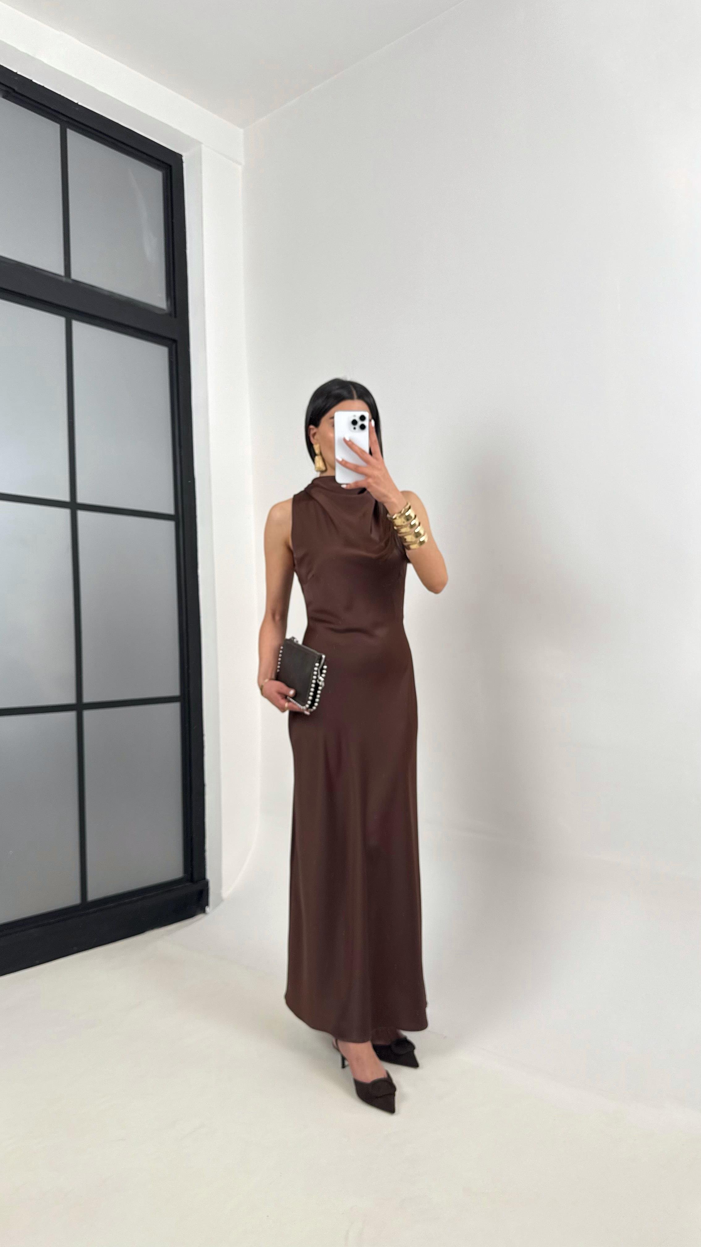 Kahve Yaka Drapeli Saten Elbise Gaus00364GausDressesGU1001844