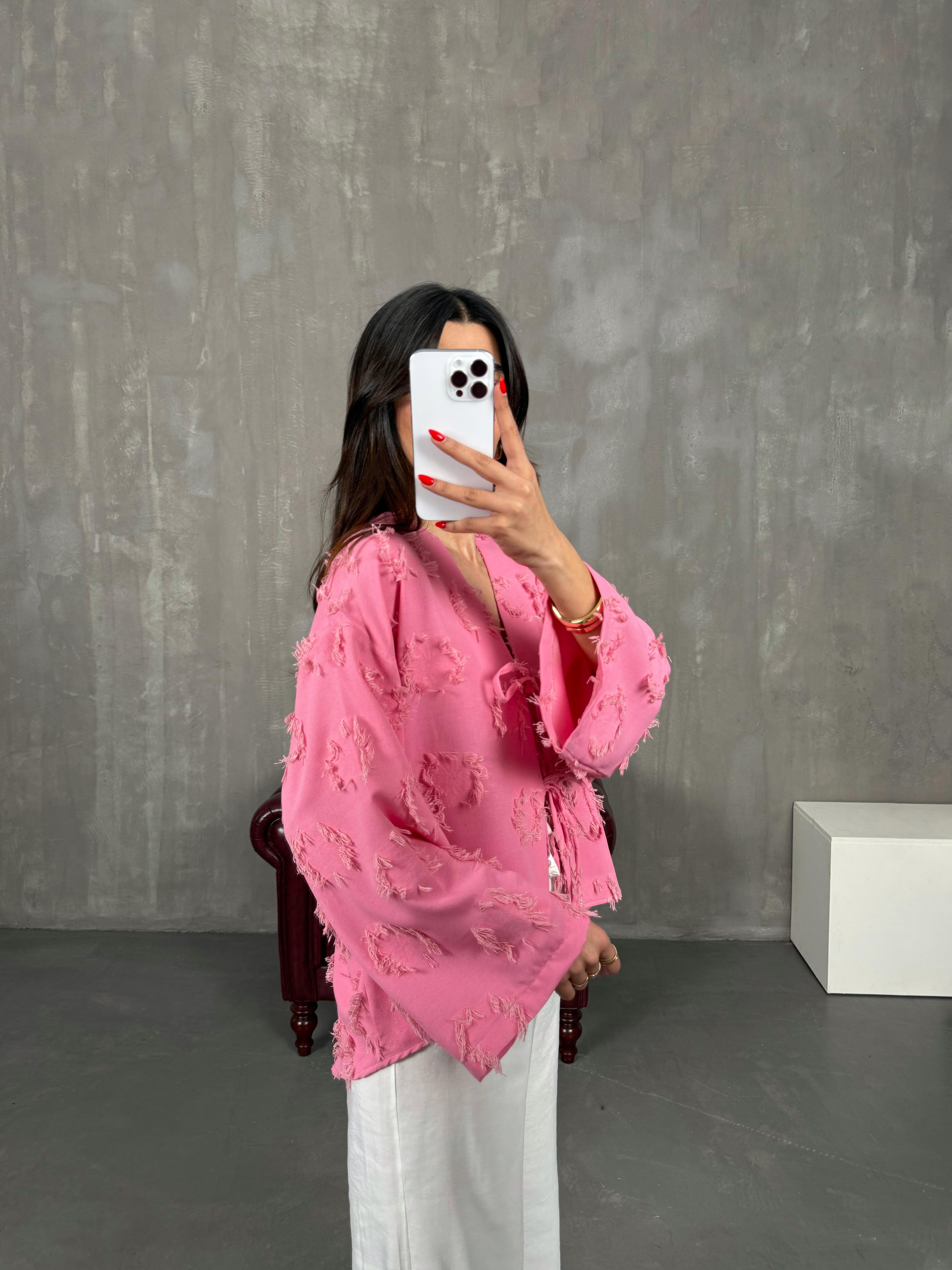 Zenit Pembe Püskül Detaylı Bağlamalı Keten GömlekGausGÖMLEKGU1001475