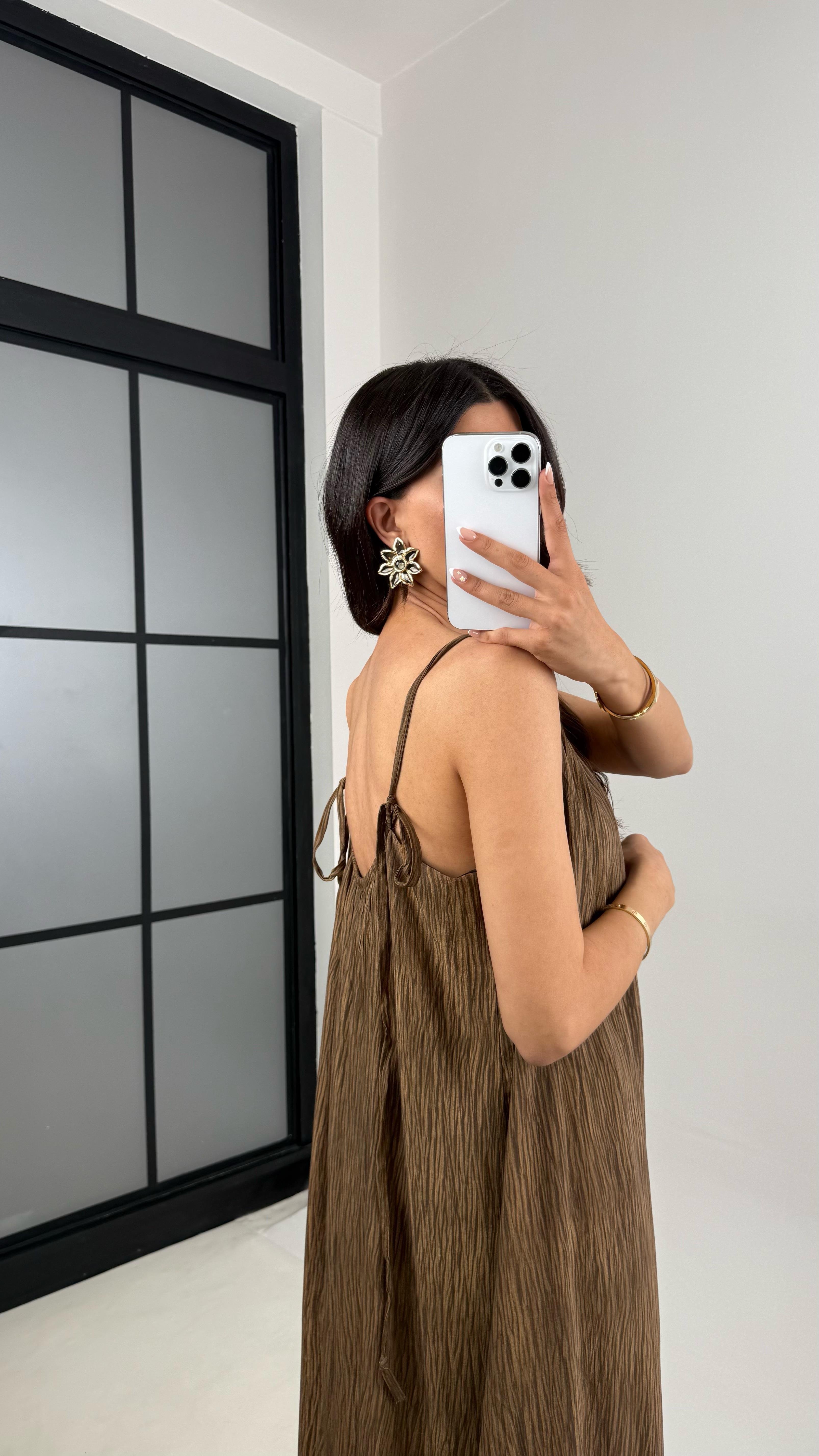 Kahve Boncuk Askılı Desenli Astarlı Premium Elbise Gaus00530GausELBİSEGU1002240