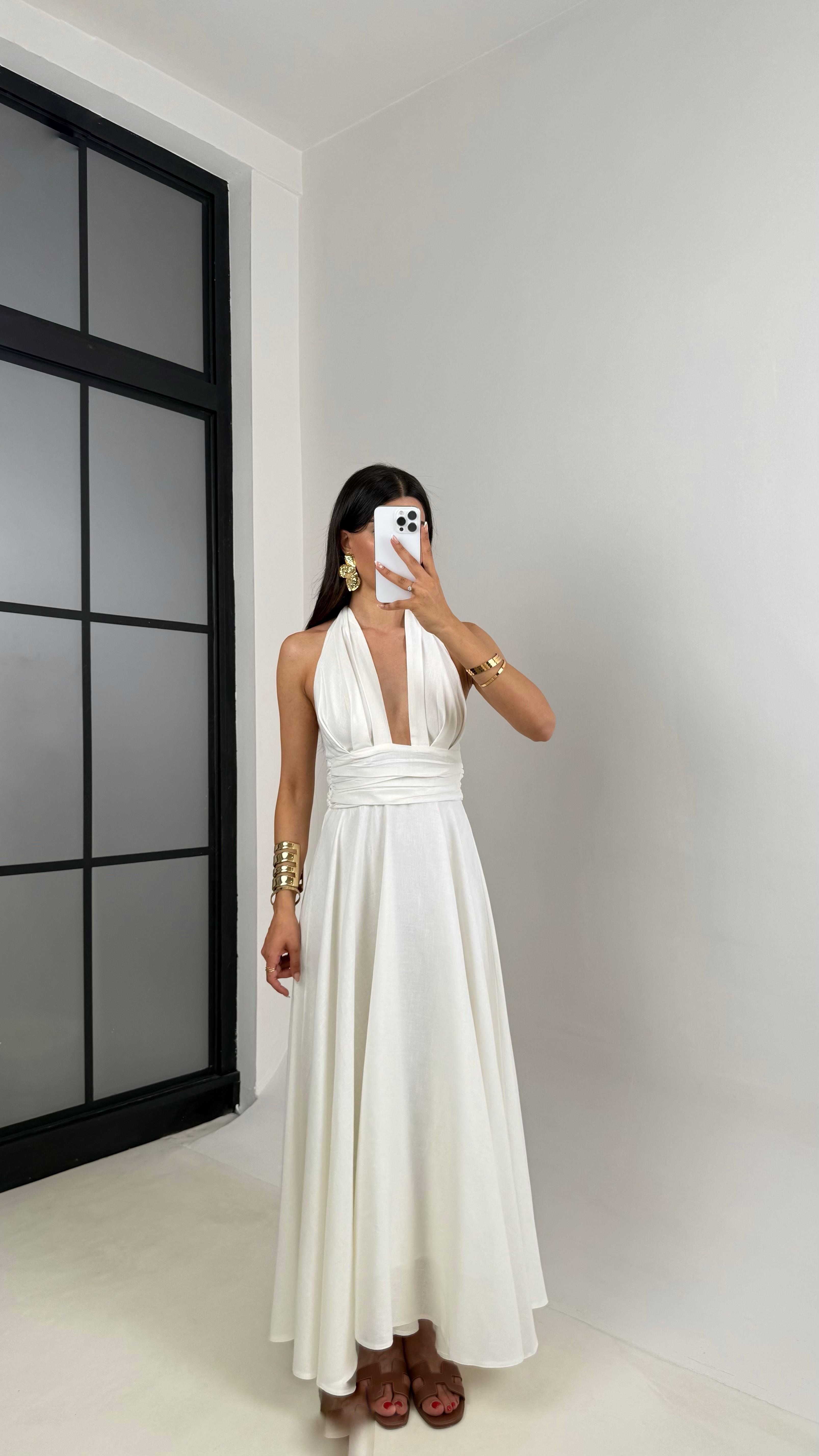 Beyaz Boyundan Bağlamalı Astarlı Keten Elbise Gaus00627GausELBİSEGU1002465