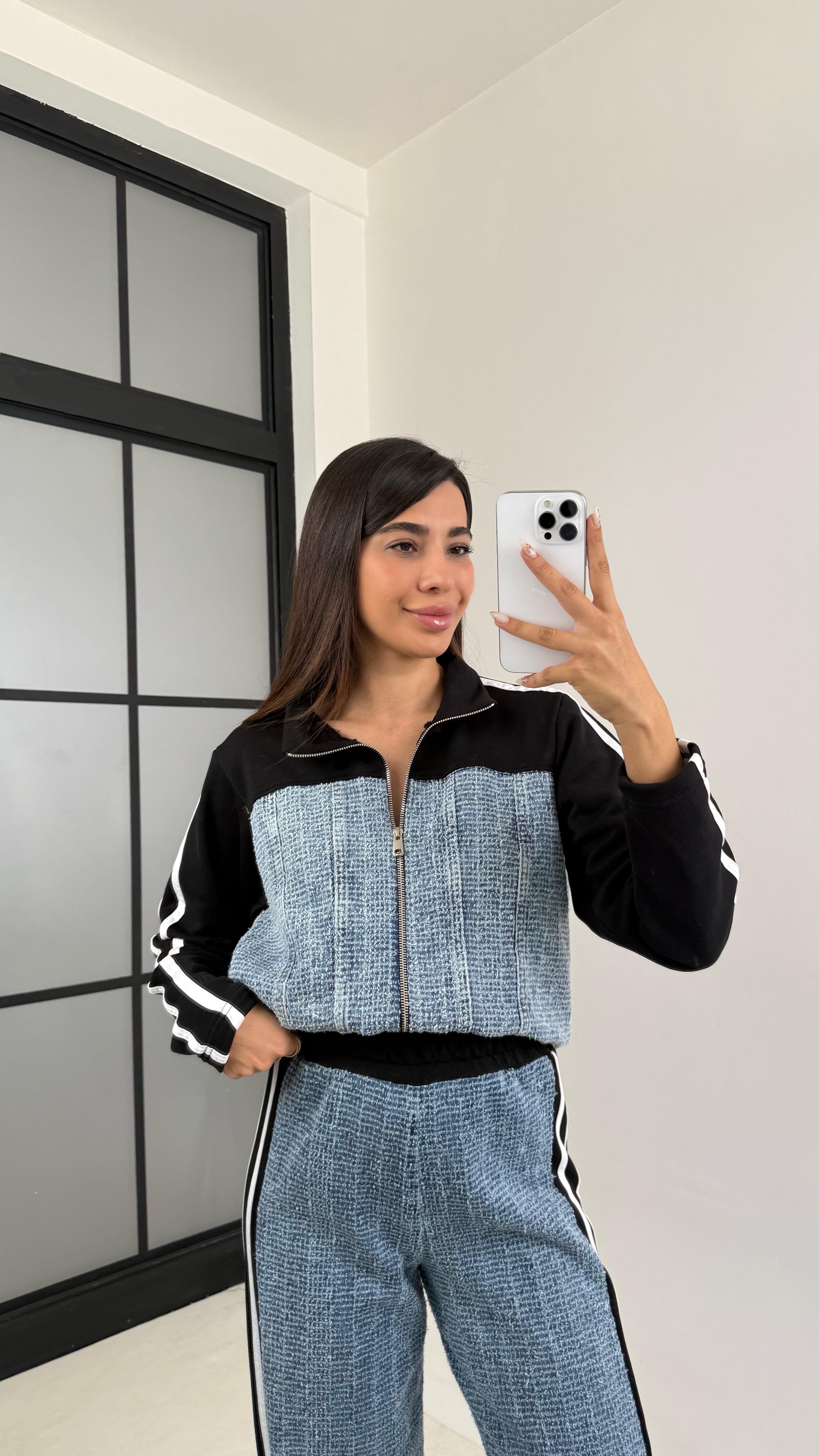 Siyah Şeritli Denim Detaylı Hırka Beli Lastikli Pantolon İkili Takım GAUS-00113GAUSTAKIMGAUS-00113