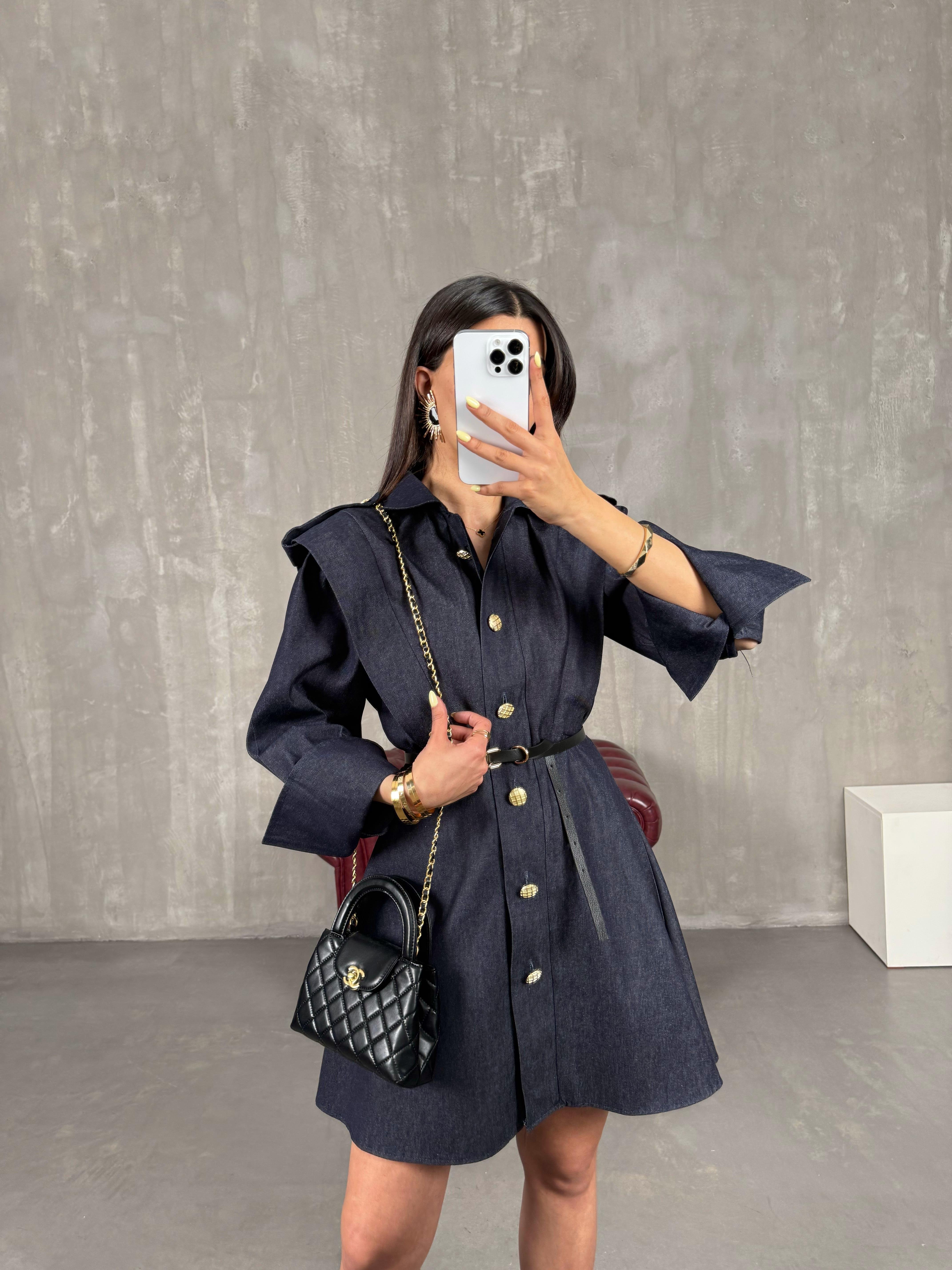 Lacivert Düğmeli Kemerli Muadil Denim Elbise Gaus00128GausELBİSEGU1001288