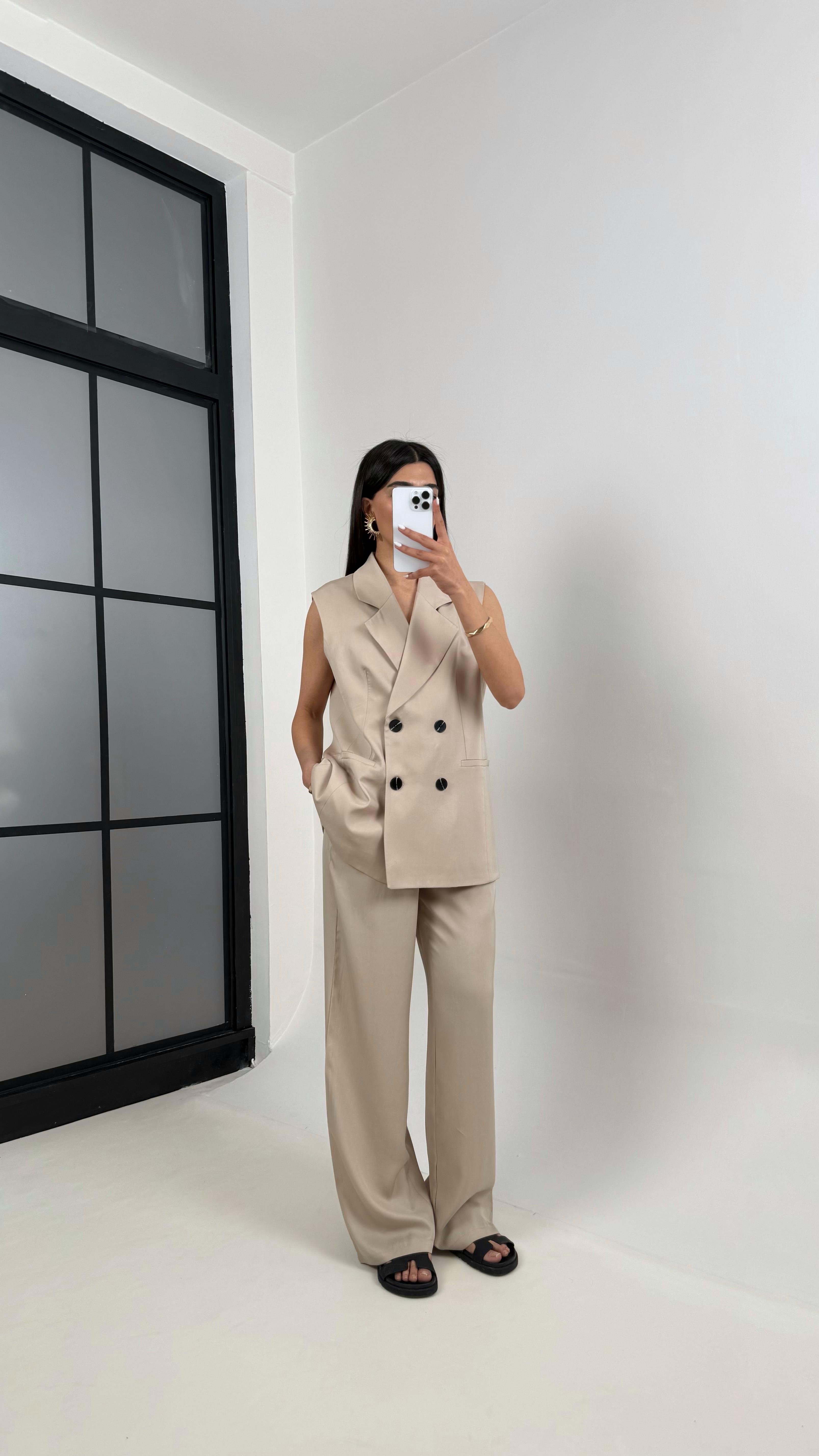 Taş  Önü Düğmeli Astarlı Yelek Beli Lastikli Pantolon Tencel Premium Takım Gaus00366GausTAKIMGU1001850