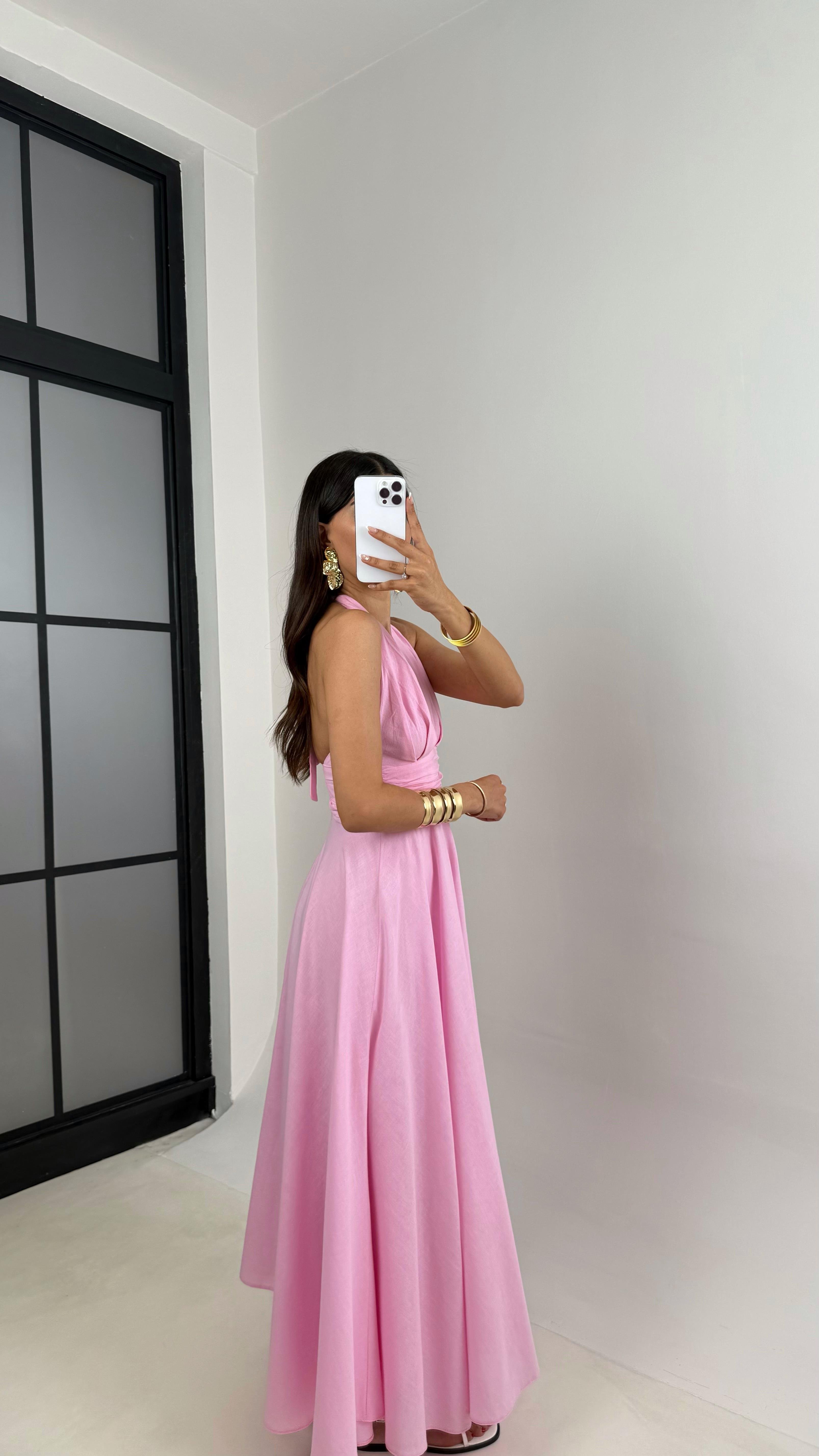 Pembe Boyundan Bağlamalı Astarlı Keten Elbise Gaus00627GausELBİSEGU1002464