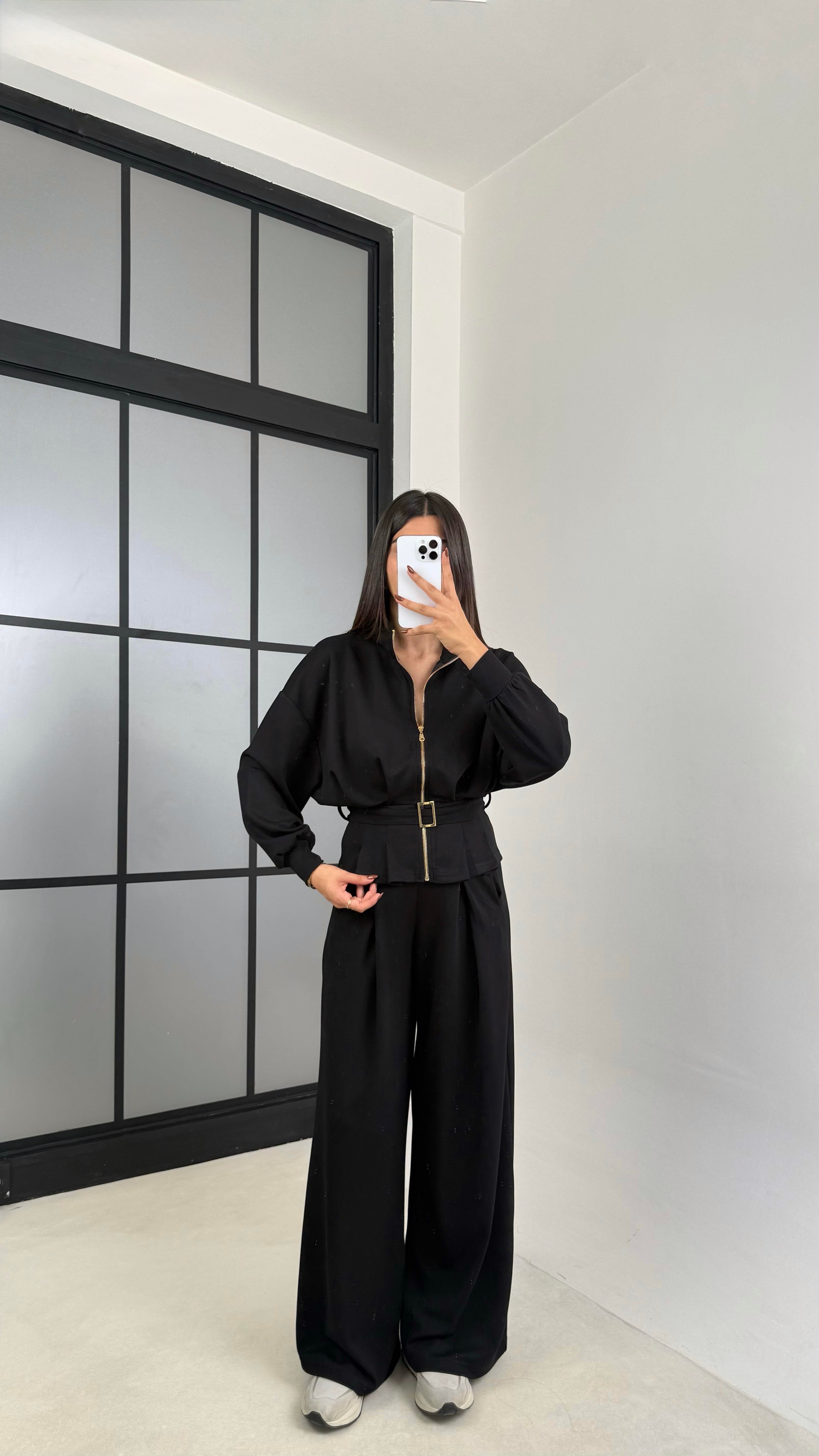 Siyah Kemer Detaylı Hırka Beli Lastikli Geniş Paça Pantolon Modal Takım GAUS-00188GAUSTAKIMGAUS-00188