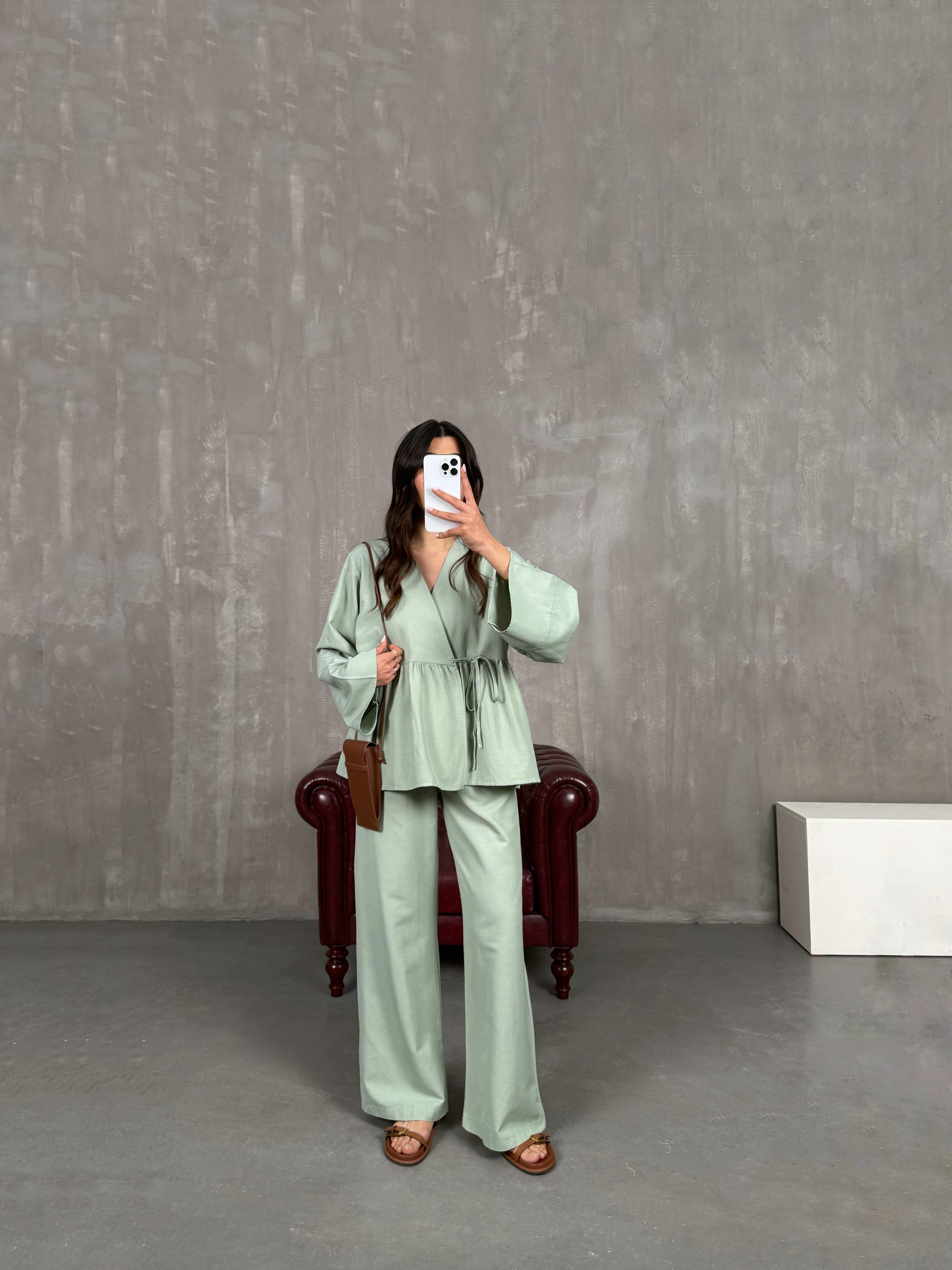 Haki Önü Bağlamalı Gömlek Beli Lastikli Pantolon İkili Keten Takım Gaus00262GausTAKIMGU1001603