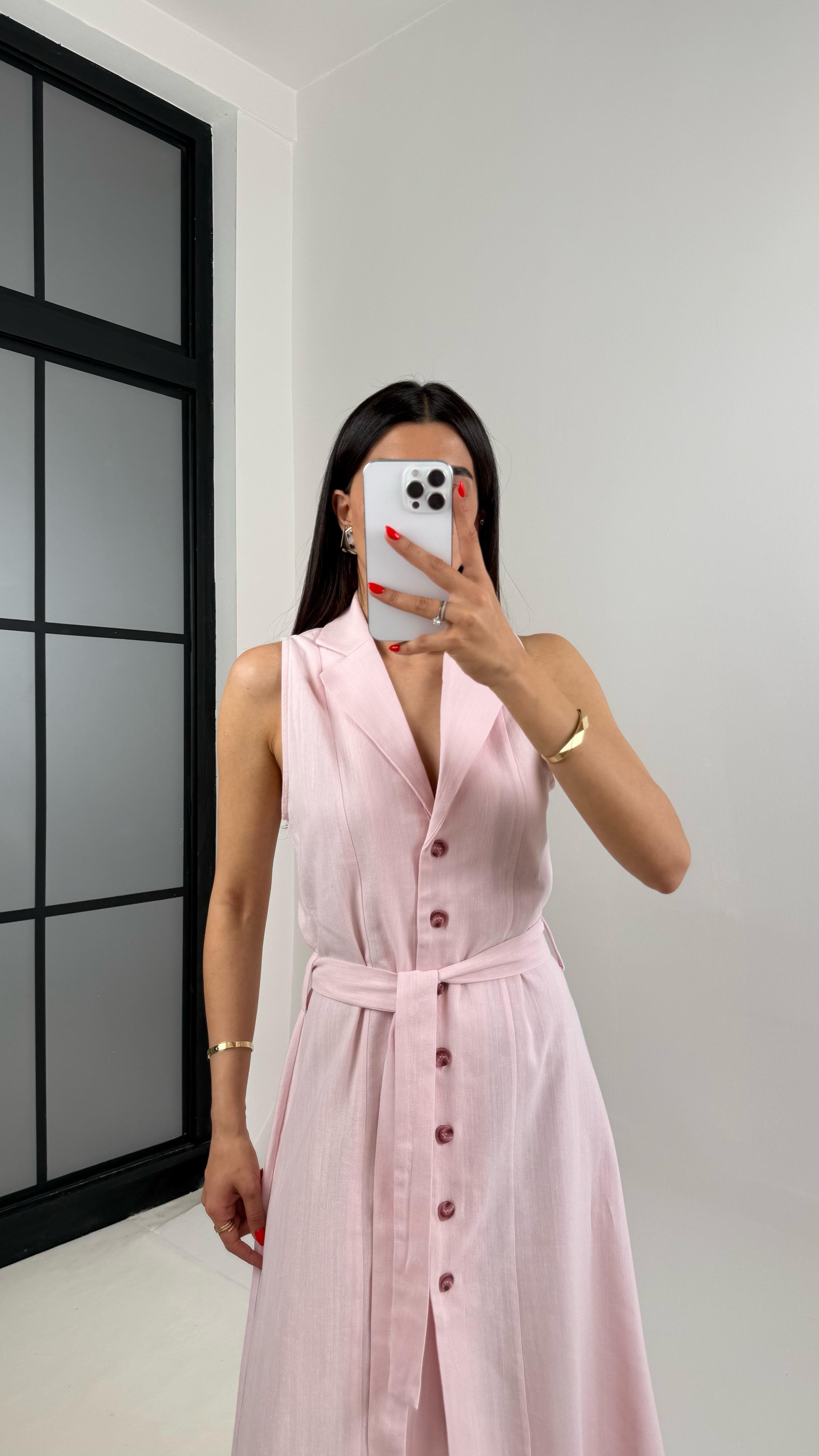 Pembe V Yaka Önü Düğmeli Kuşaklı Keten Elbise Gaus00461 GausELBİSEGU1002077