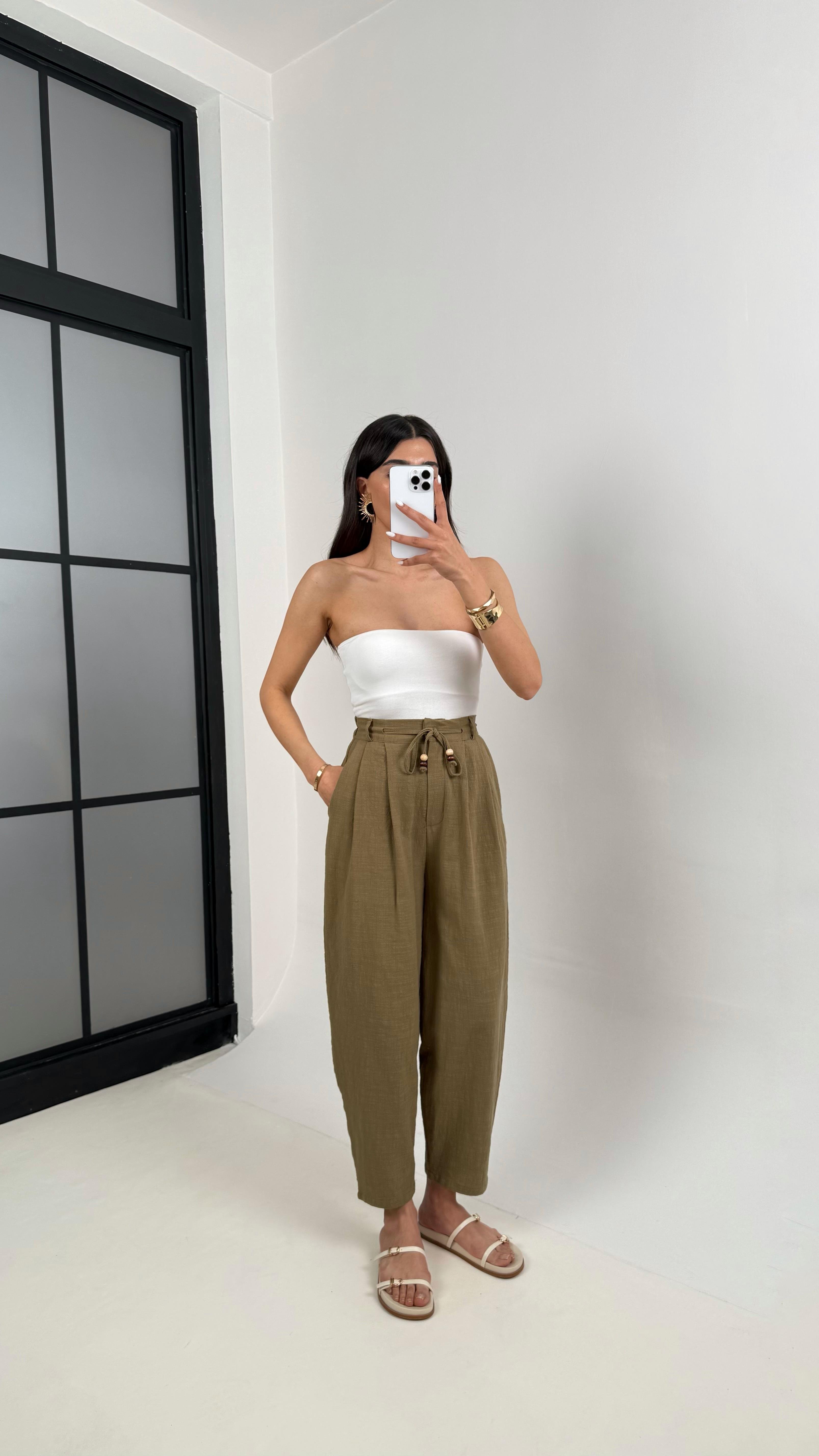 Haki Cepli Kuşaklı Balon Keten Pantolon Gaus00383GausPANTOLONGU1001891