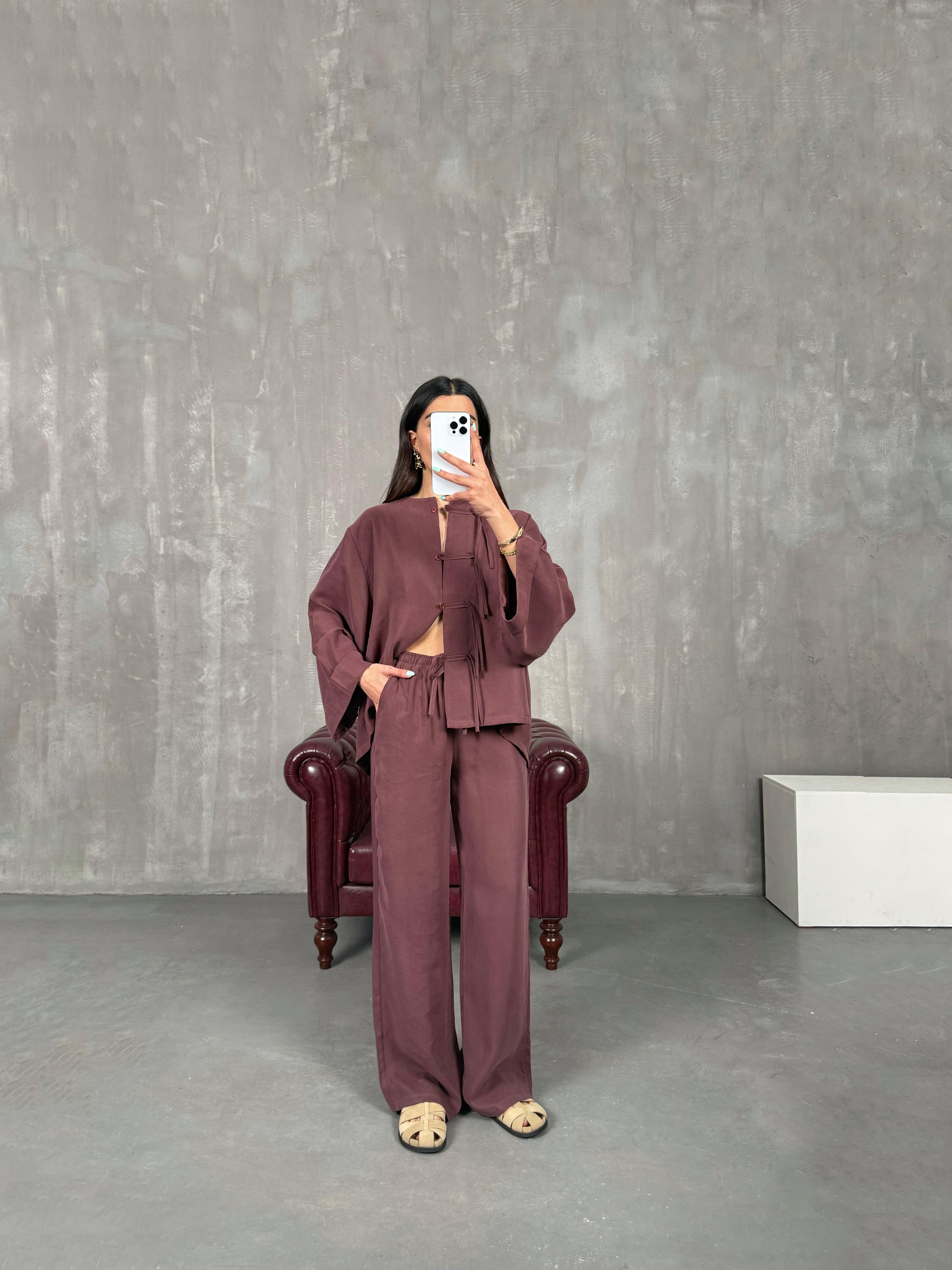 Bordo Yaka Düğmeli Gömlek Beli Lastikli Pantolon Tensel Takım Gaus00238GausTAKIMGU1001551