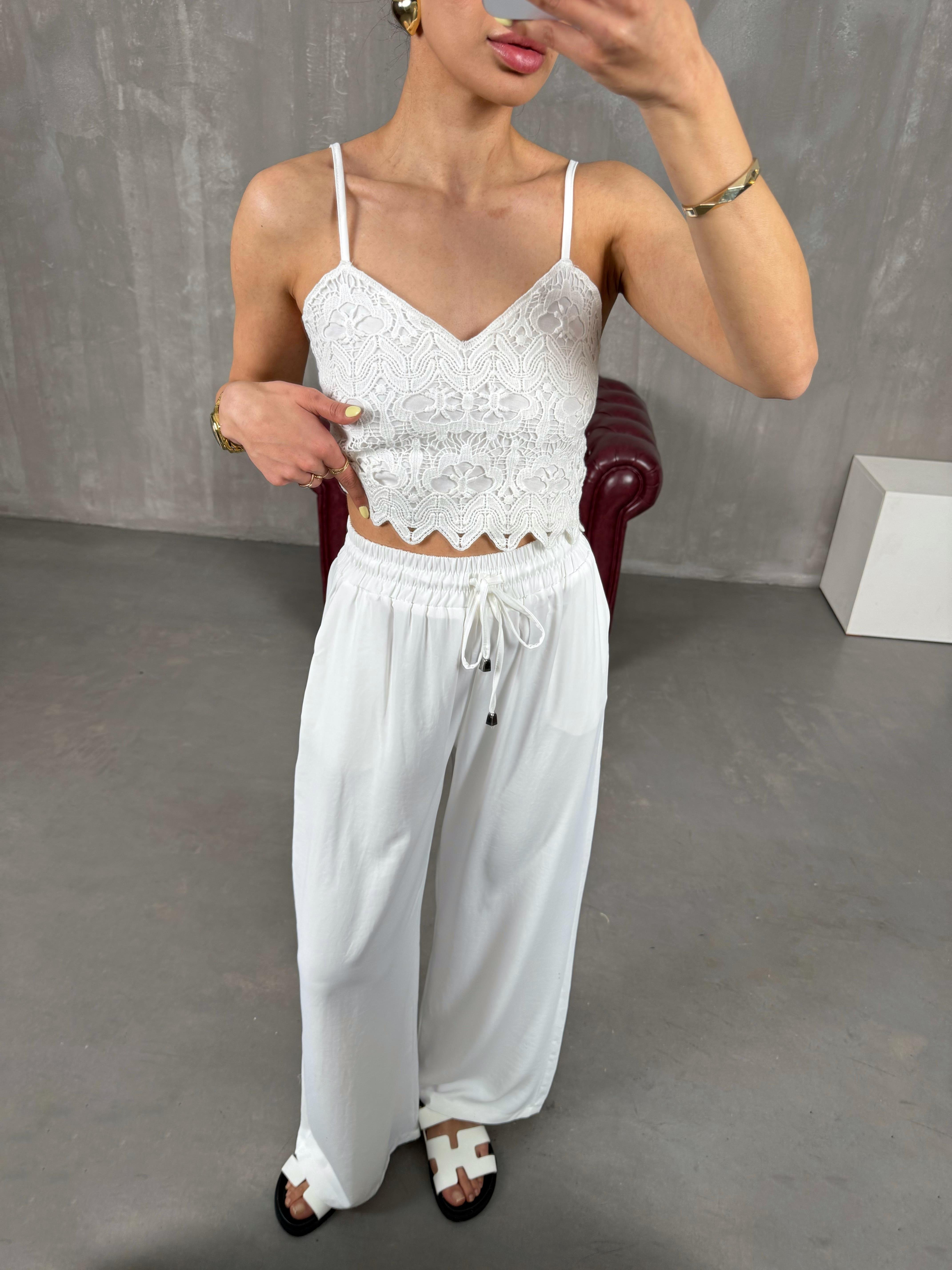 Beyaz Beli Lastikli Salaş Pantolon Gaus00121GausPANTOLONGU1001273