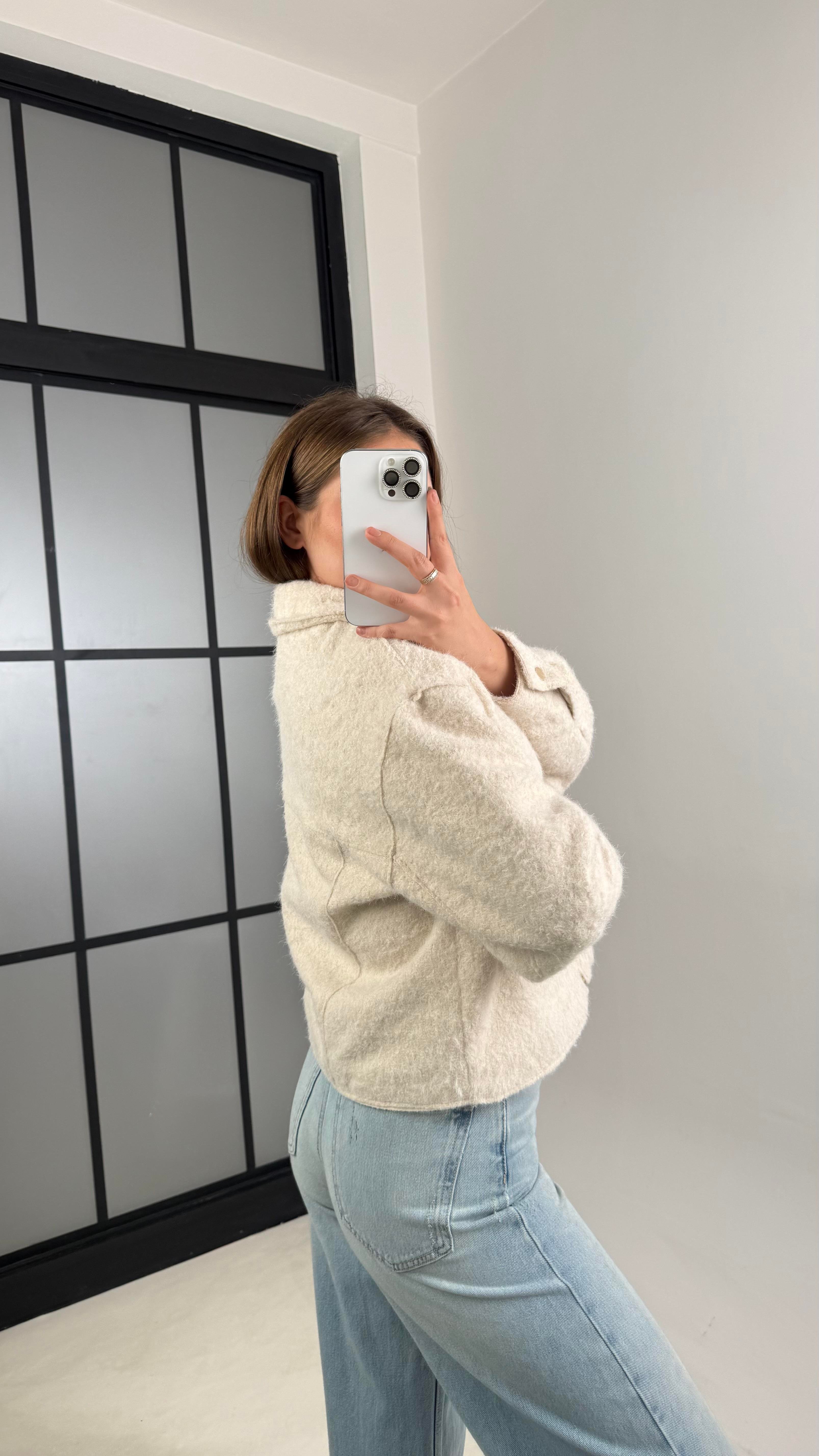 Krem Astarlı Fermuarlı Muadil Keçe Kumaş Ceket GAUS-00603GAUS السترات  GAUS-00603