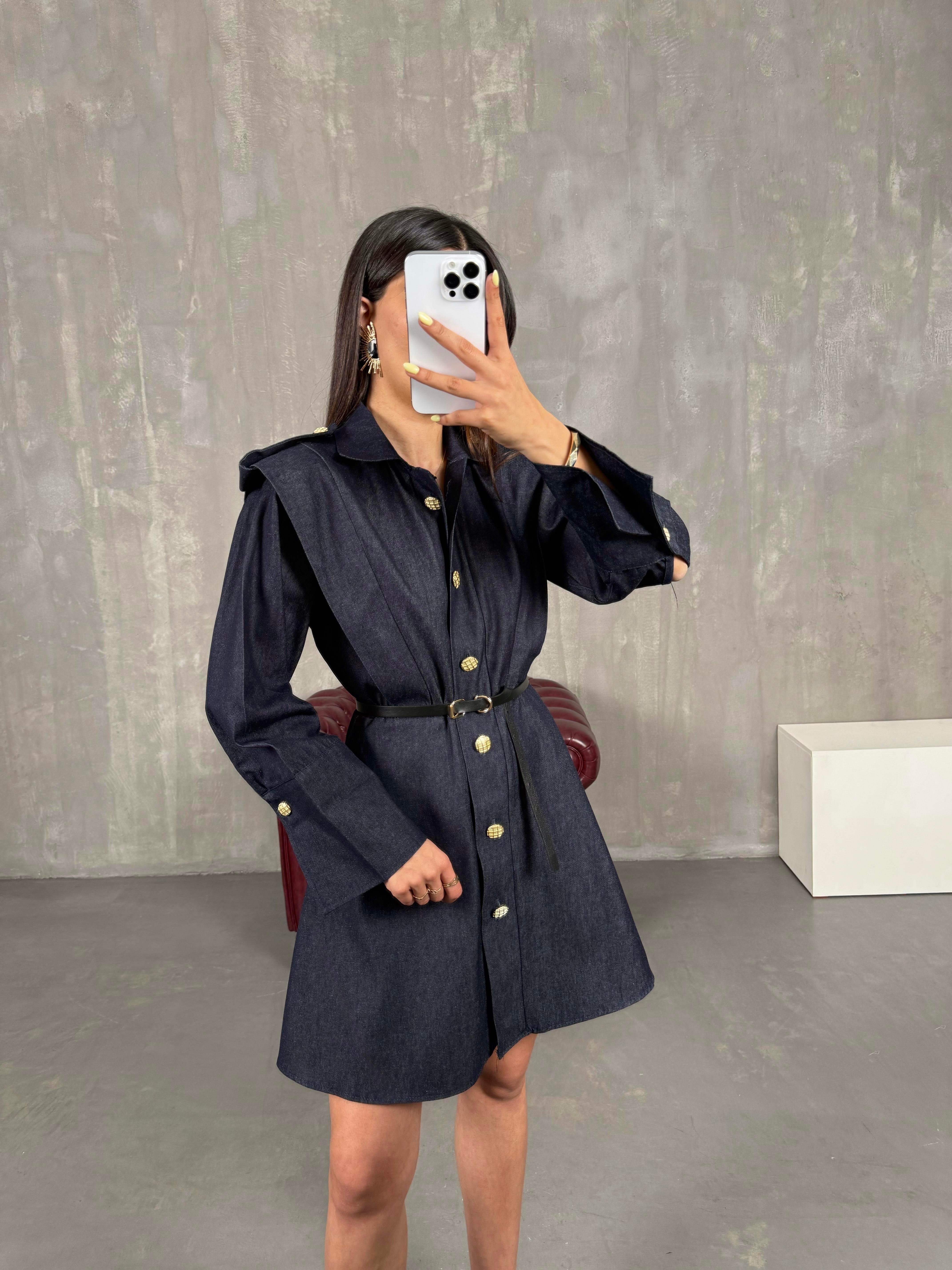 Lacivert Düğmeli Kemerli Muadil Denim Elbise Gaus00128GausELBİSEGU1001288