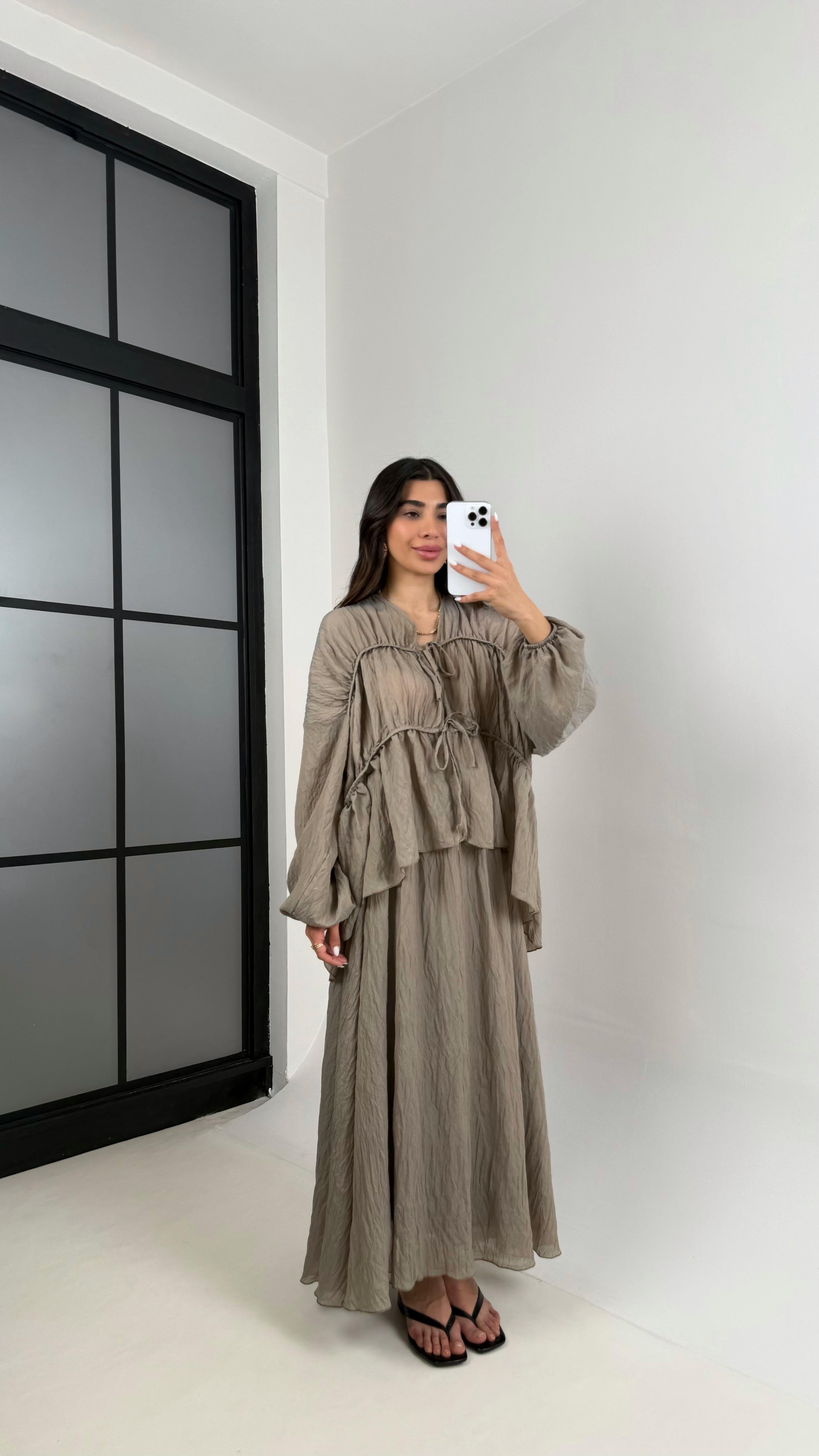 Haki Gipeli Önden Bağlamalı Üst Astarlı Etek İkili Kırışık Kumaş Takım Gaus00426GausTAKIMGU1001993