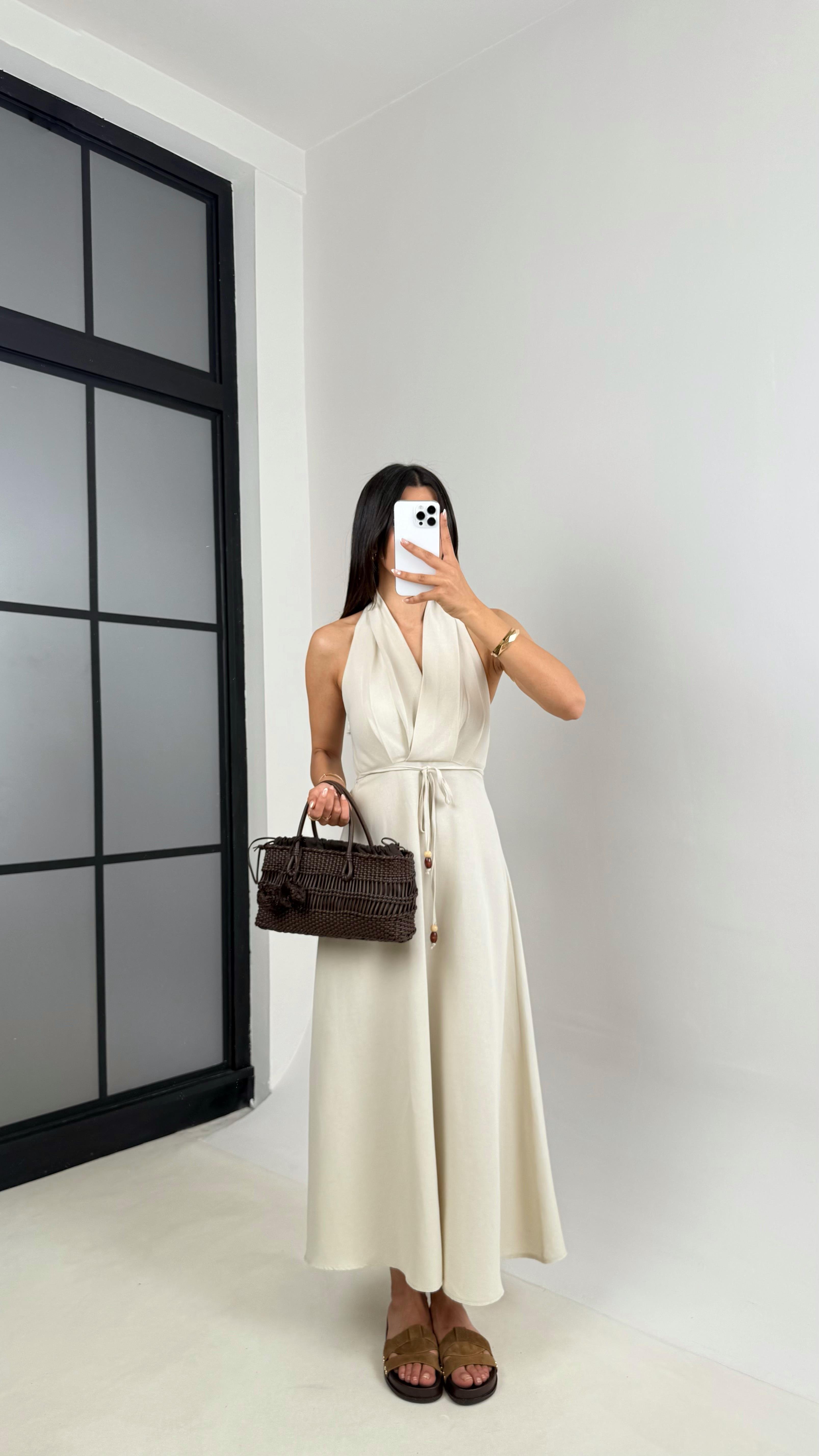 Taş V Yaka Kuşaklı Boyundan Askılı Keten Elbise Gaus00541GausELBİSEGU1002258