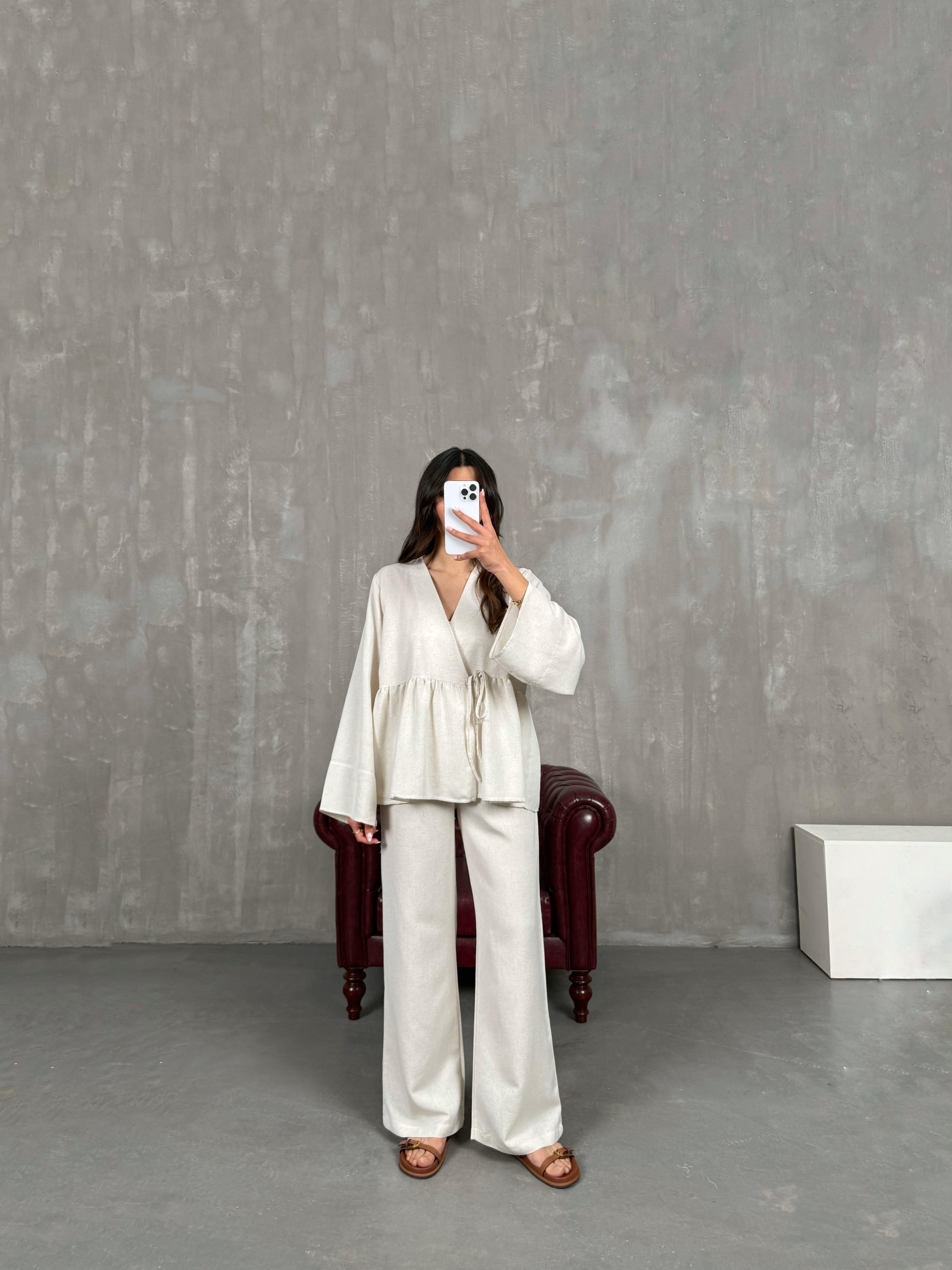 Taş Önü Bağlamalı Gömlek Beli Lastikli Pantolon İkili Keten Takım Gaus00262GausTAKIMGU1001604