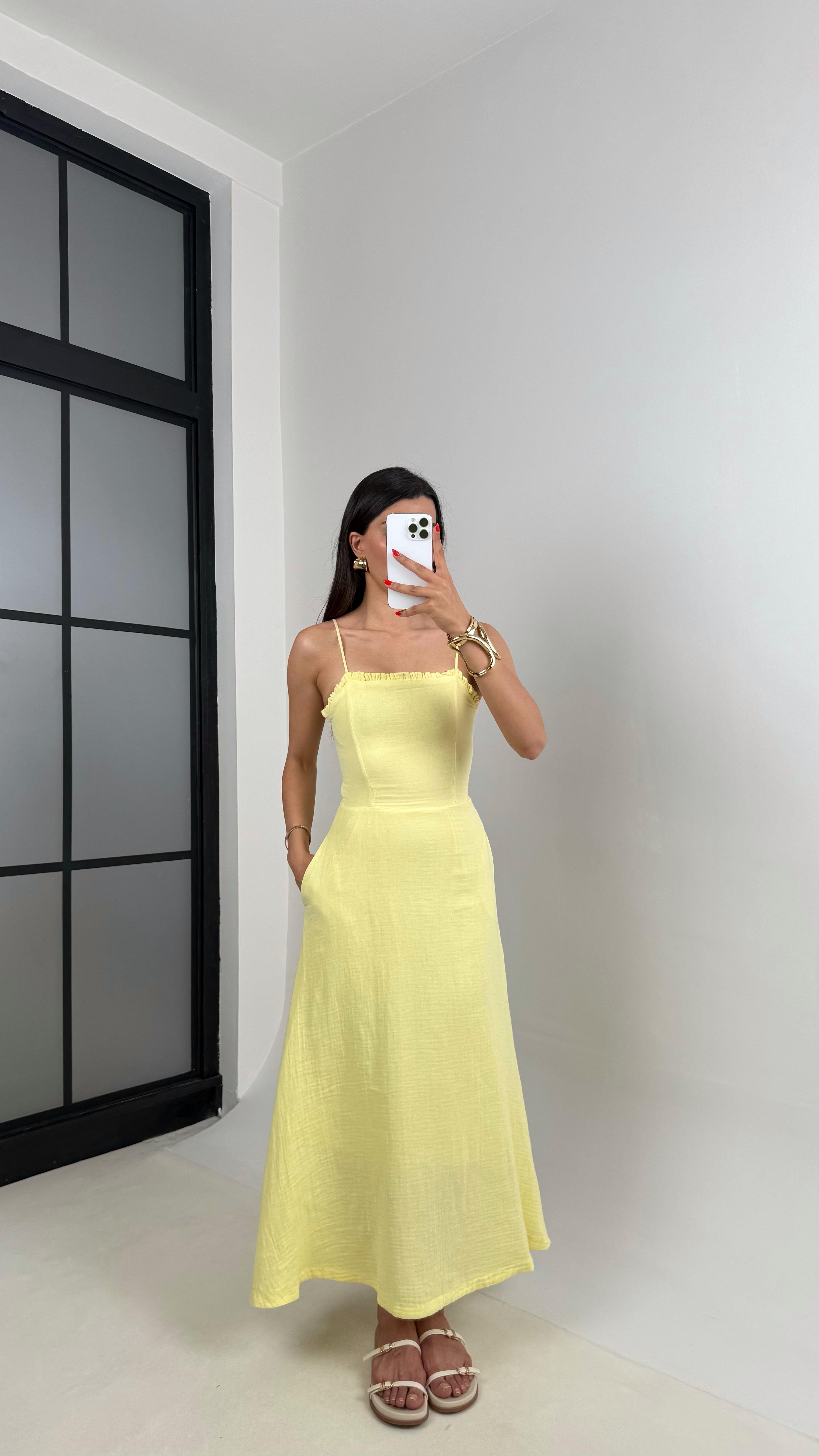 Sarı Ayarlanabilir Askılı Cepli Astarlı Müslin Elbise Gaus00519GausELBİSEGU1002216