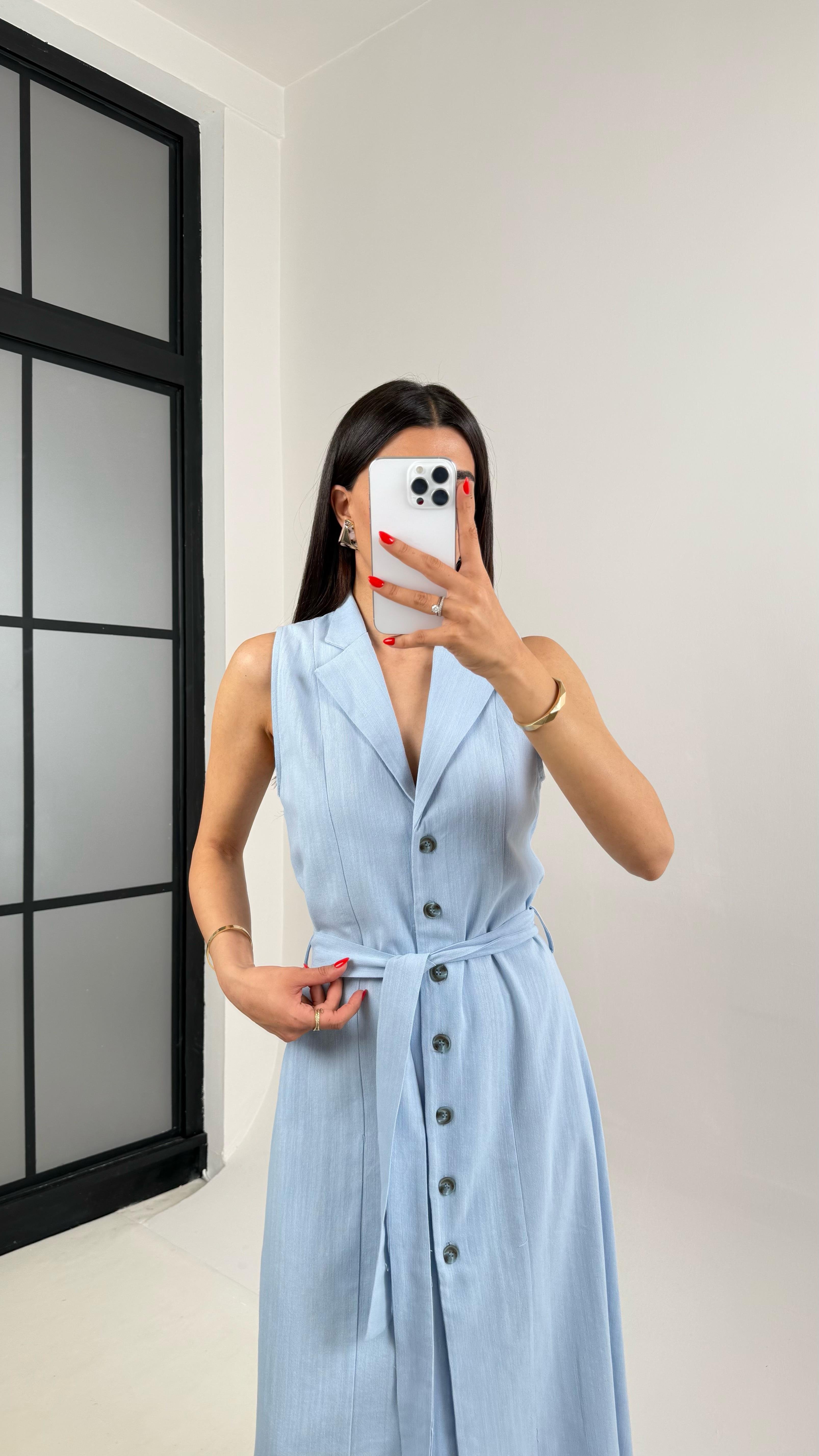 Mavi V Yaka Önü Düğmeli Kuşaklı Keten Elbise Gaus00461 GausELBİSEGU1002076