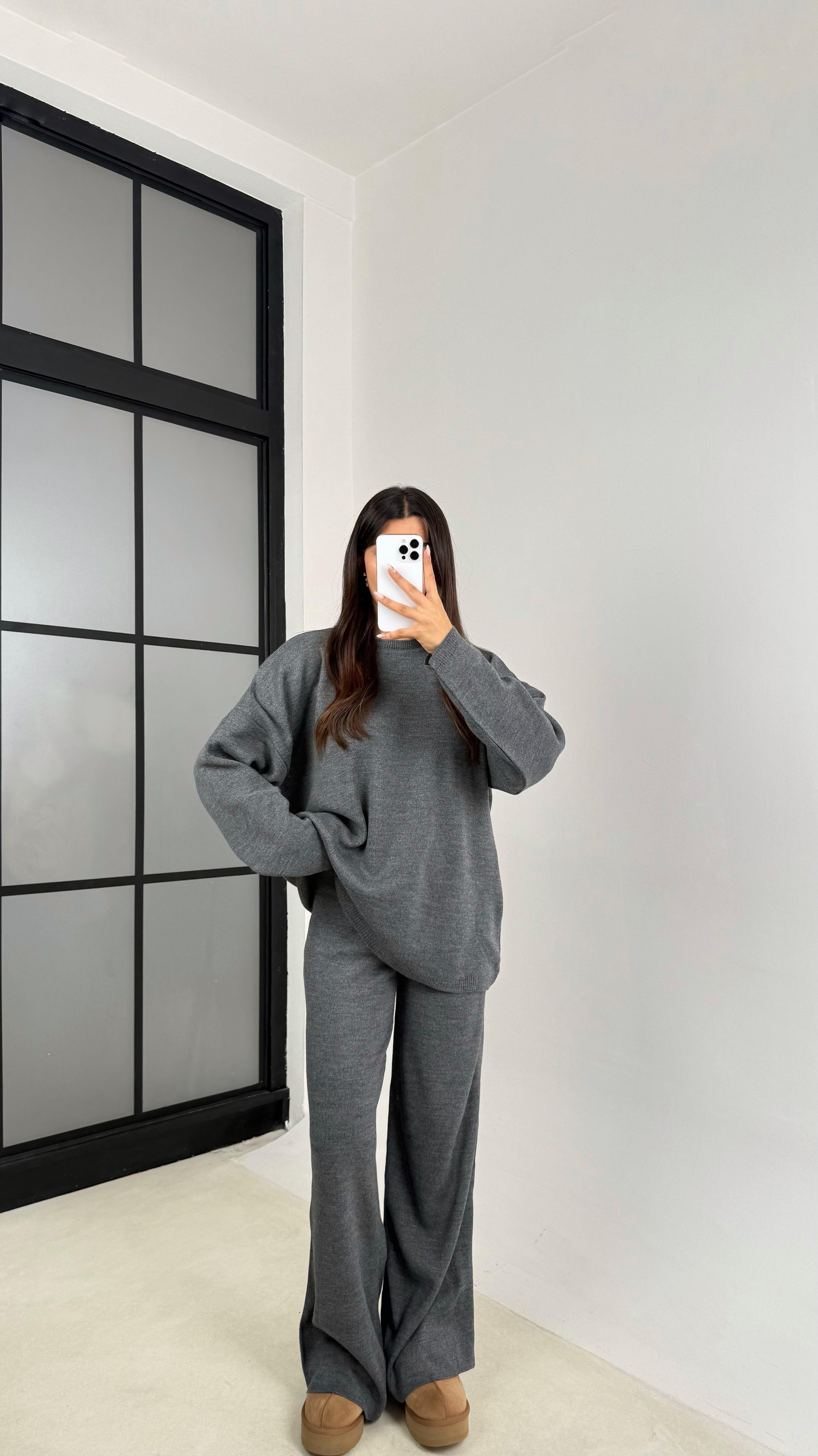 Antrasit Uzun Kol Kazak Beli Lastikli Pantalon İkili Triko Takım GAUS-00103GAUSTAKIMGAUS-00103