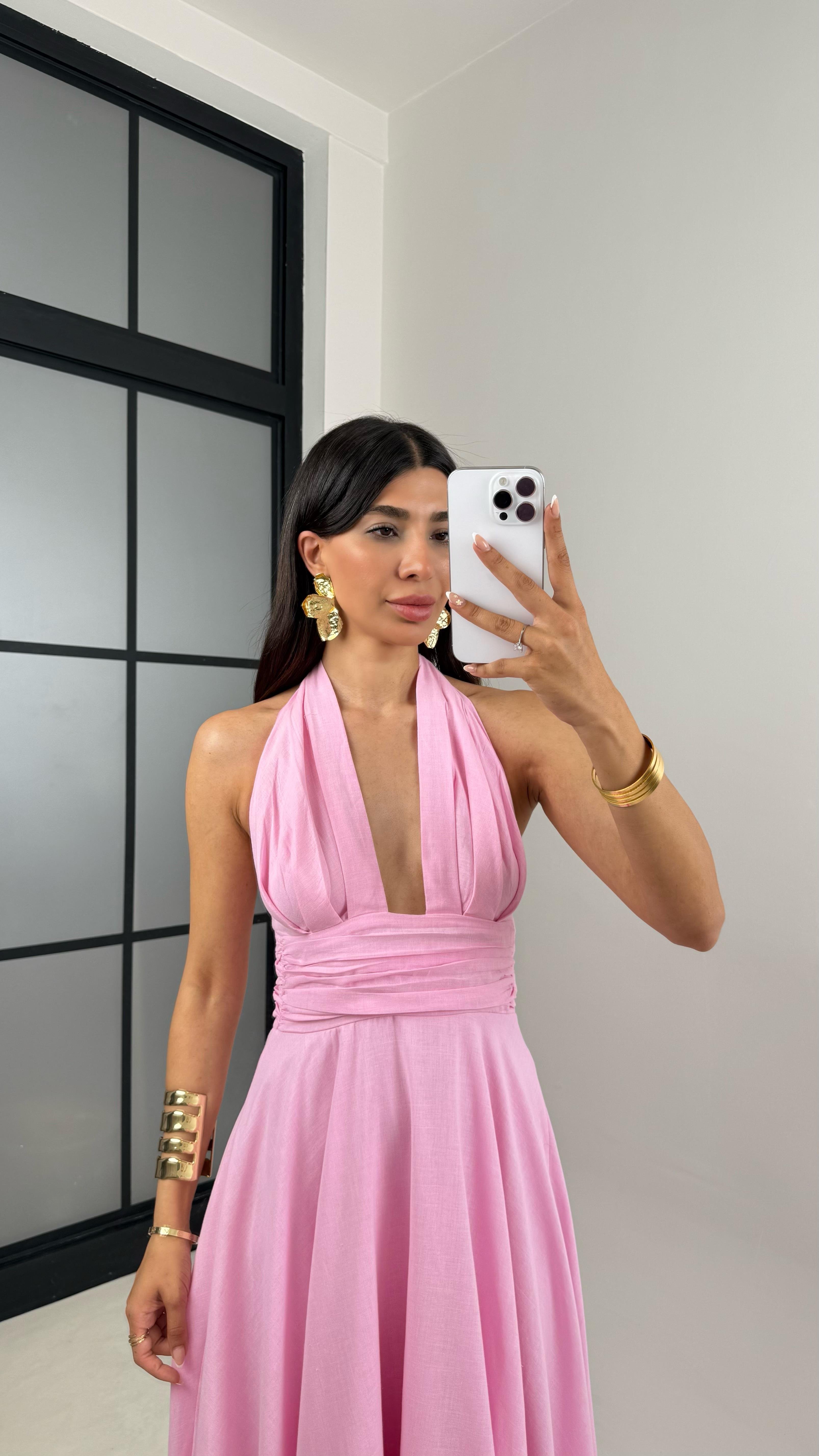 Pembe Boyundan Bağlamalı Astarlı Keten Elbise Gaus00627GausELBİSEGU1002464