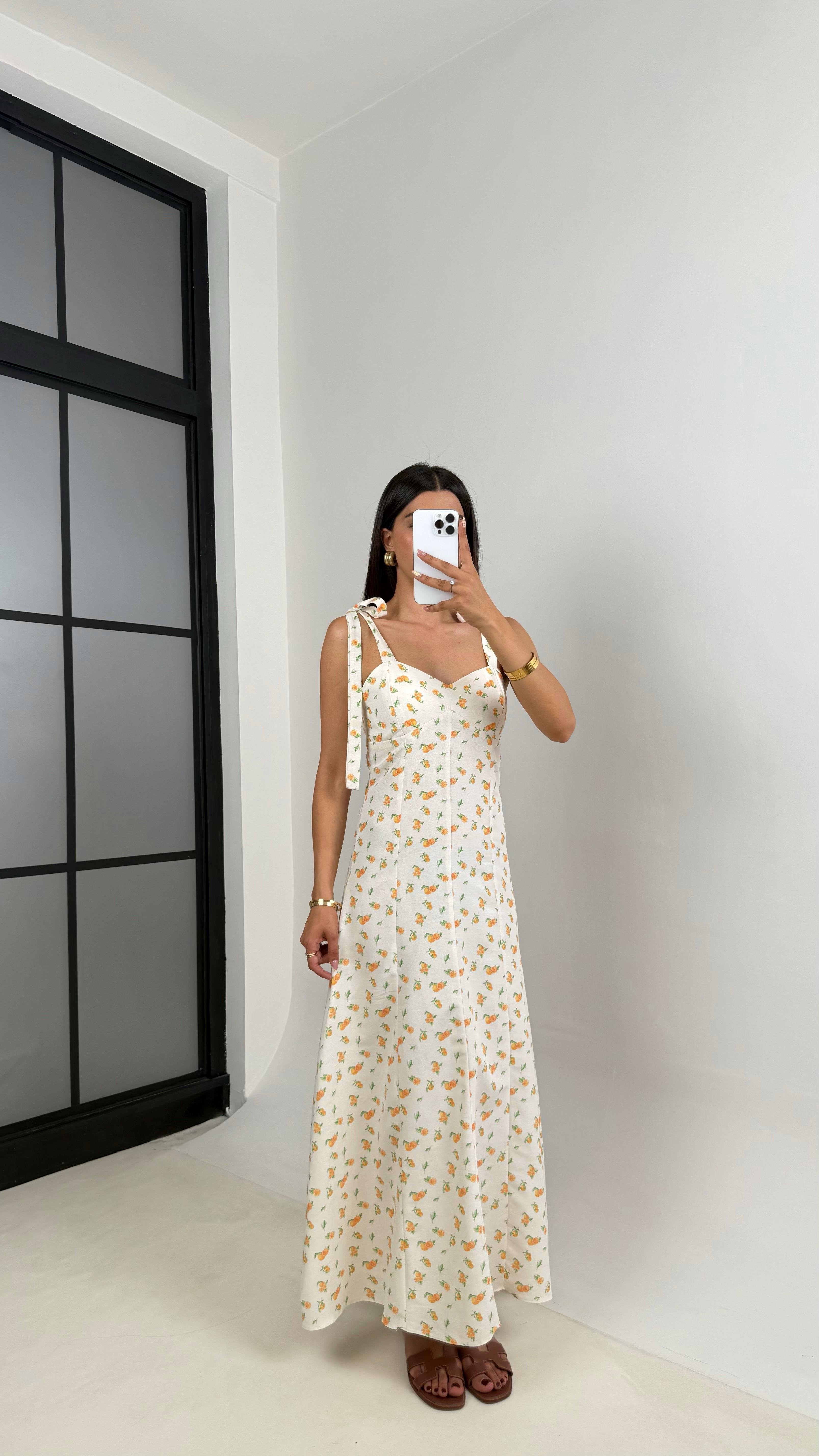 Beyaz Portakal Desenli Omuz Bağlamalı Astarlı Pinterest Keten Elbise Gaus00664GausELBİSEGU1002533