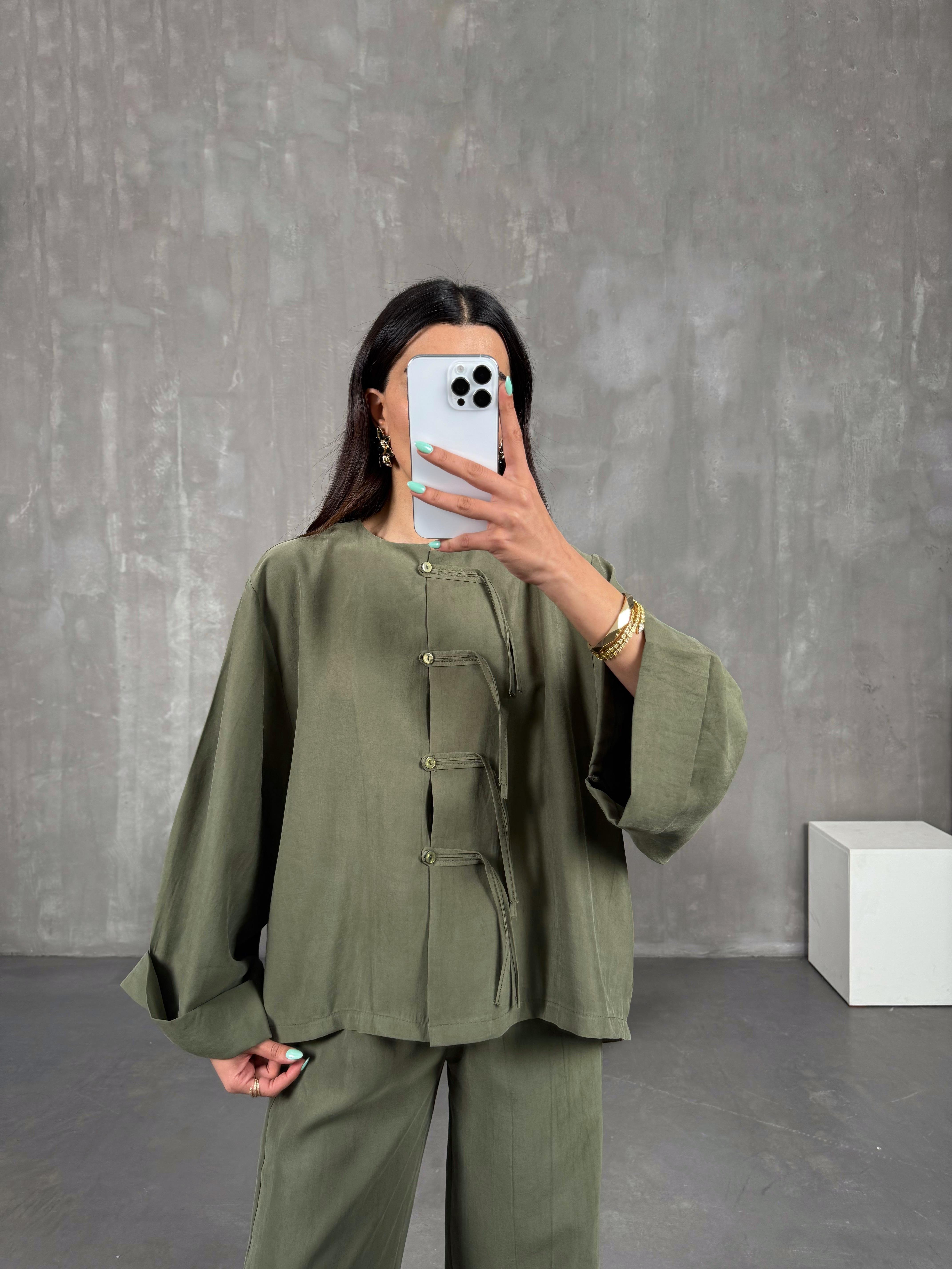 Haki Yaka Düğmeli Gömlek Beli Lastikli Pantolon Tensel Takım Gaus00238GausTAKIMGU1001553