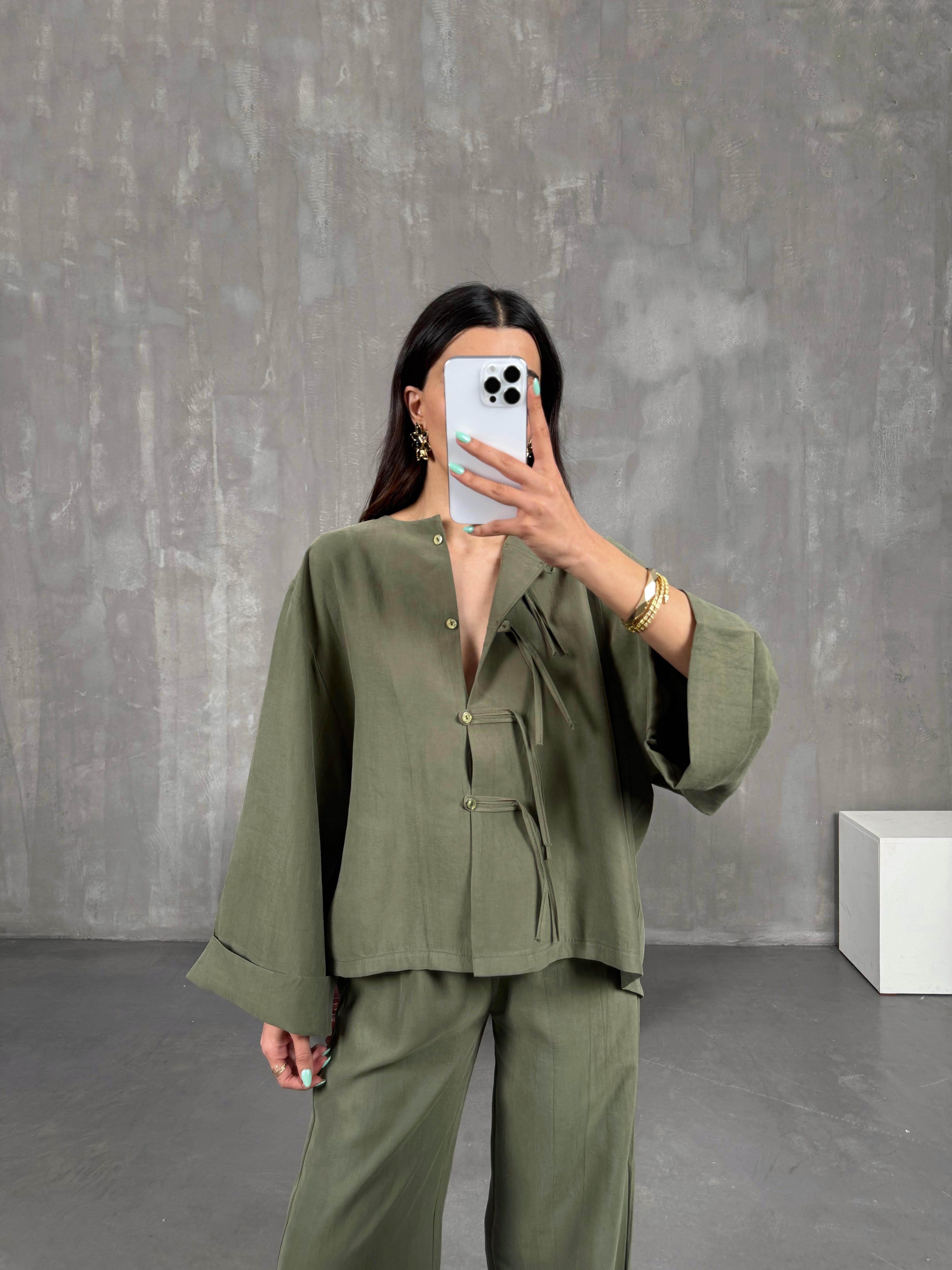 Haki Yaka Düğmeli Gömlek Beli Lastikli Pantolon Tensel Takım Gaus00238GausTAKIMGU1001553