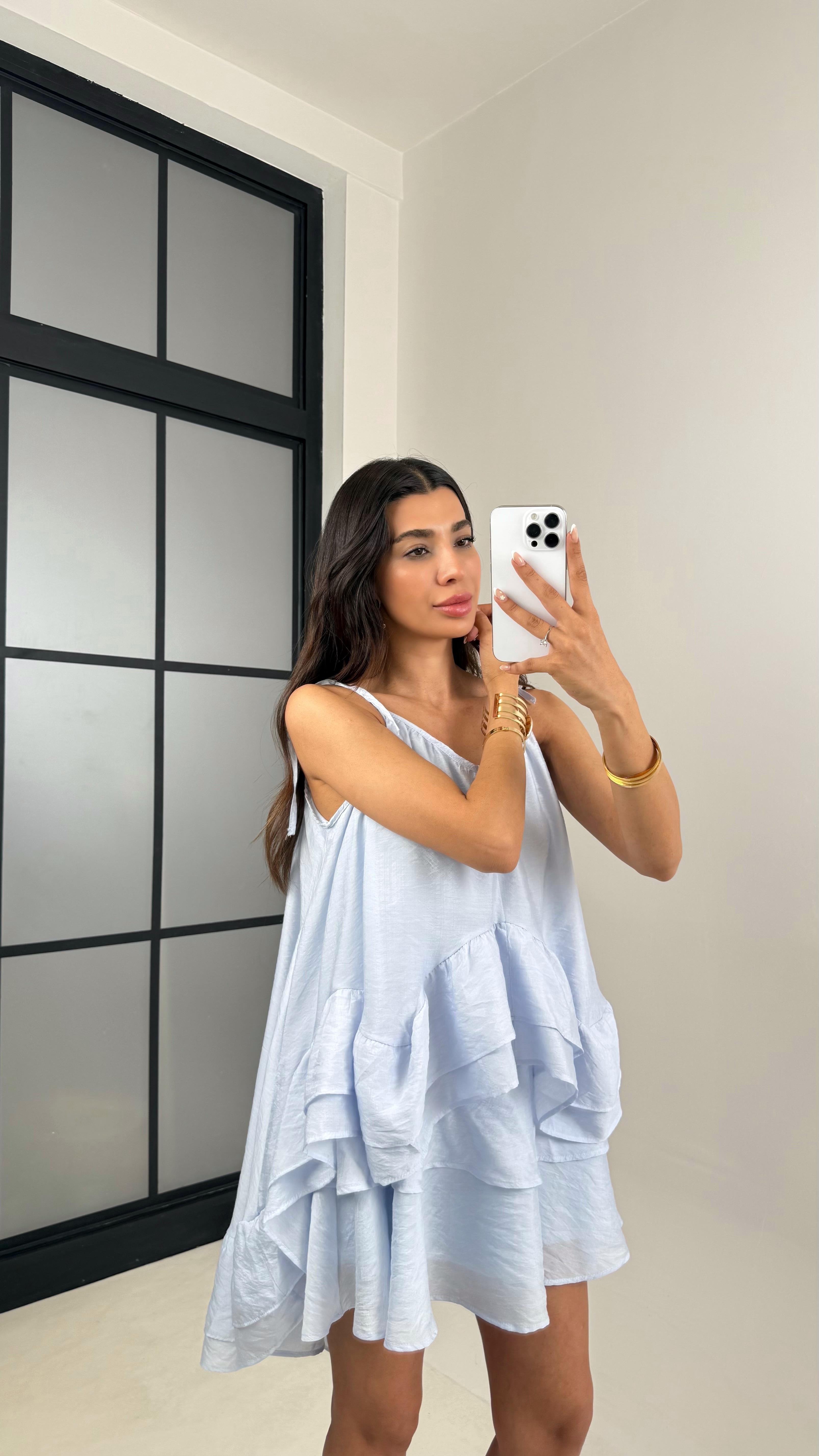 Açık Mavi Ayarlanabilir Askılı Astarlı Katlı Şifon Elbise Gaus00632GausELBİSEGU1002475