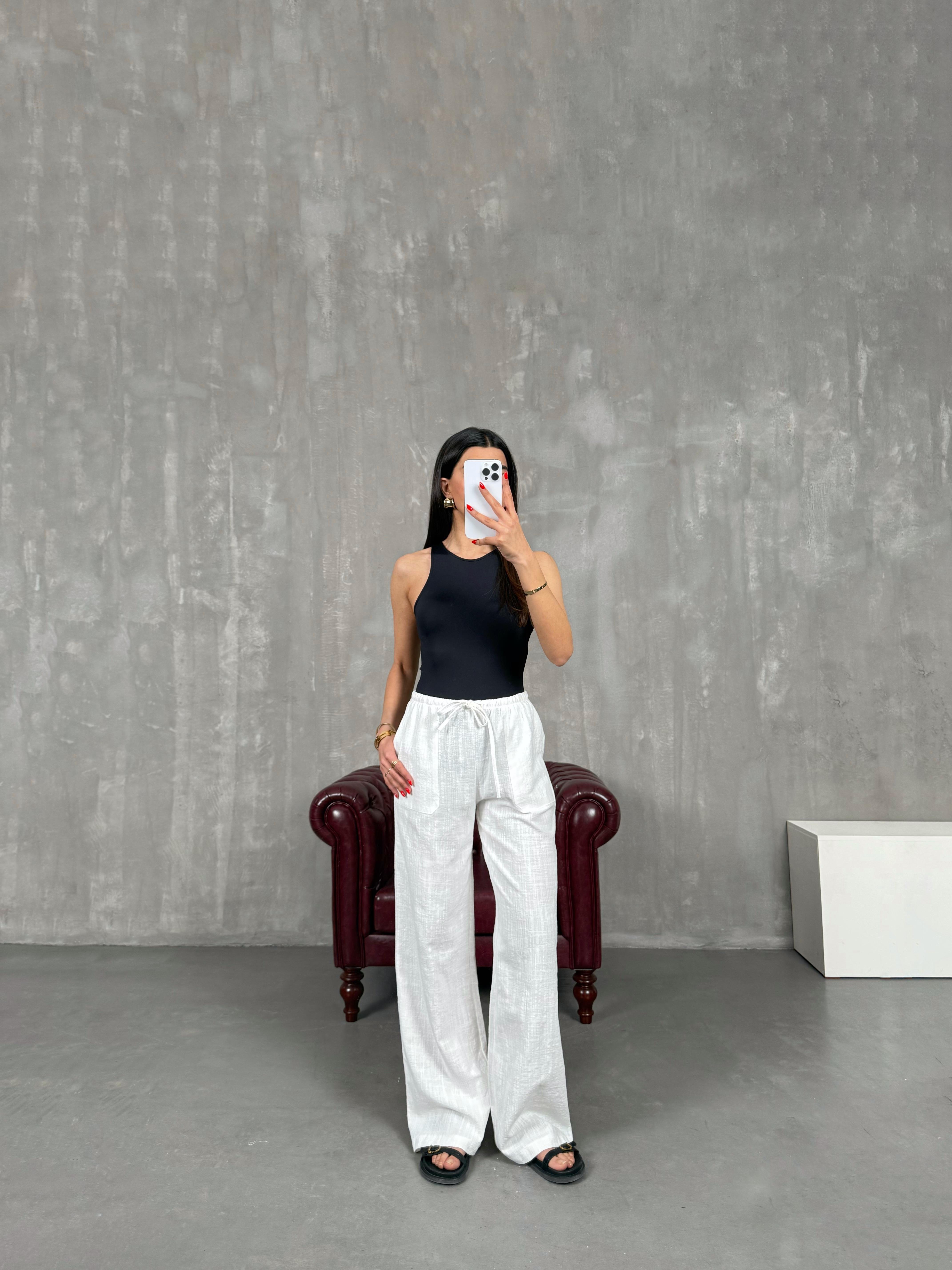 Beyaz Beli Lastikli Keten Pantolon Gaus00156GausPANTOLONGU1001360