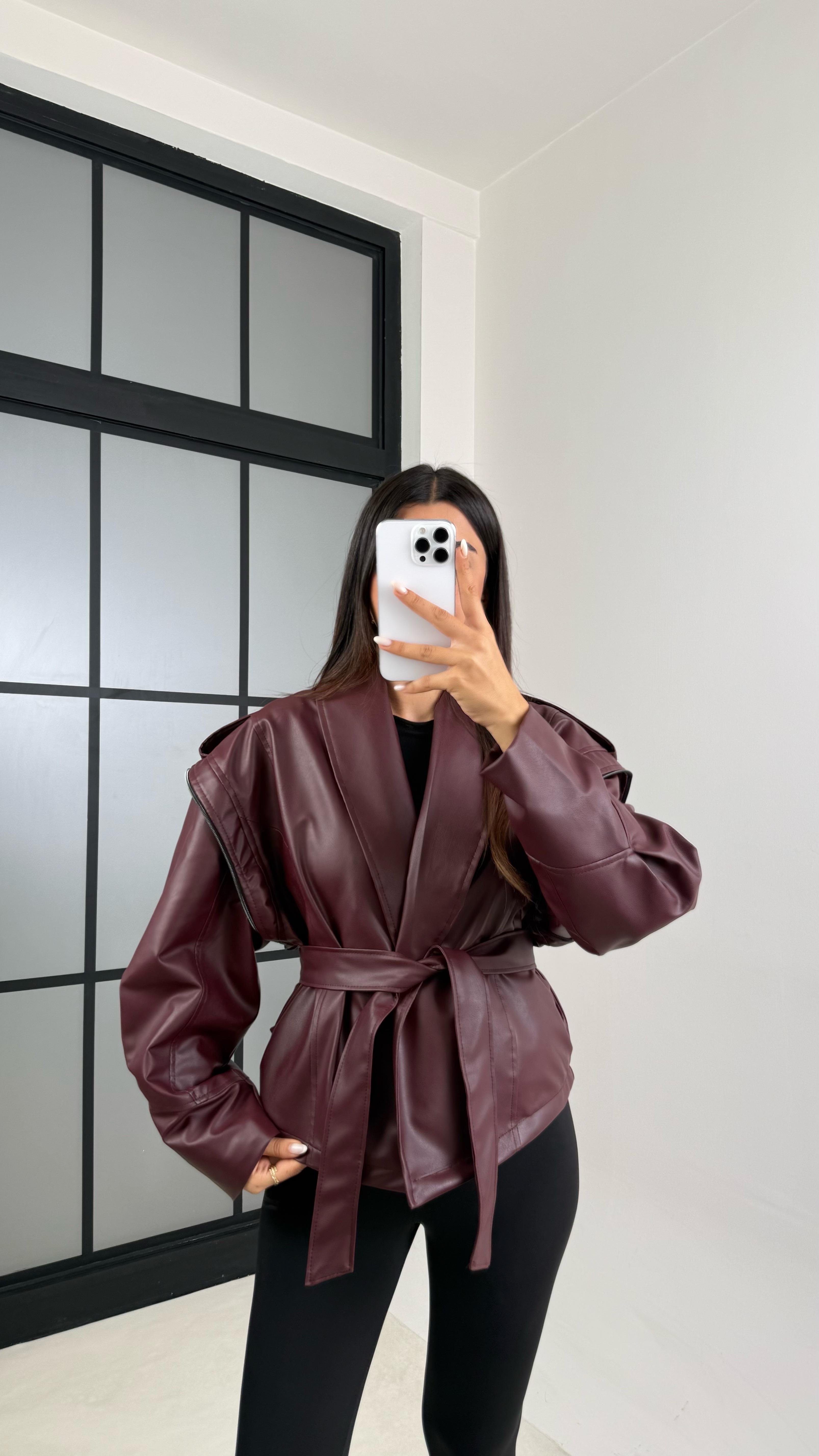 Bordo Fermuar Detaylı Astarlı Kuşaklı Tasarım Deri Ceket GAUS-00599GAUS السترات  GAUS-00599