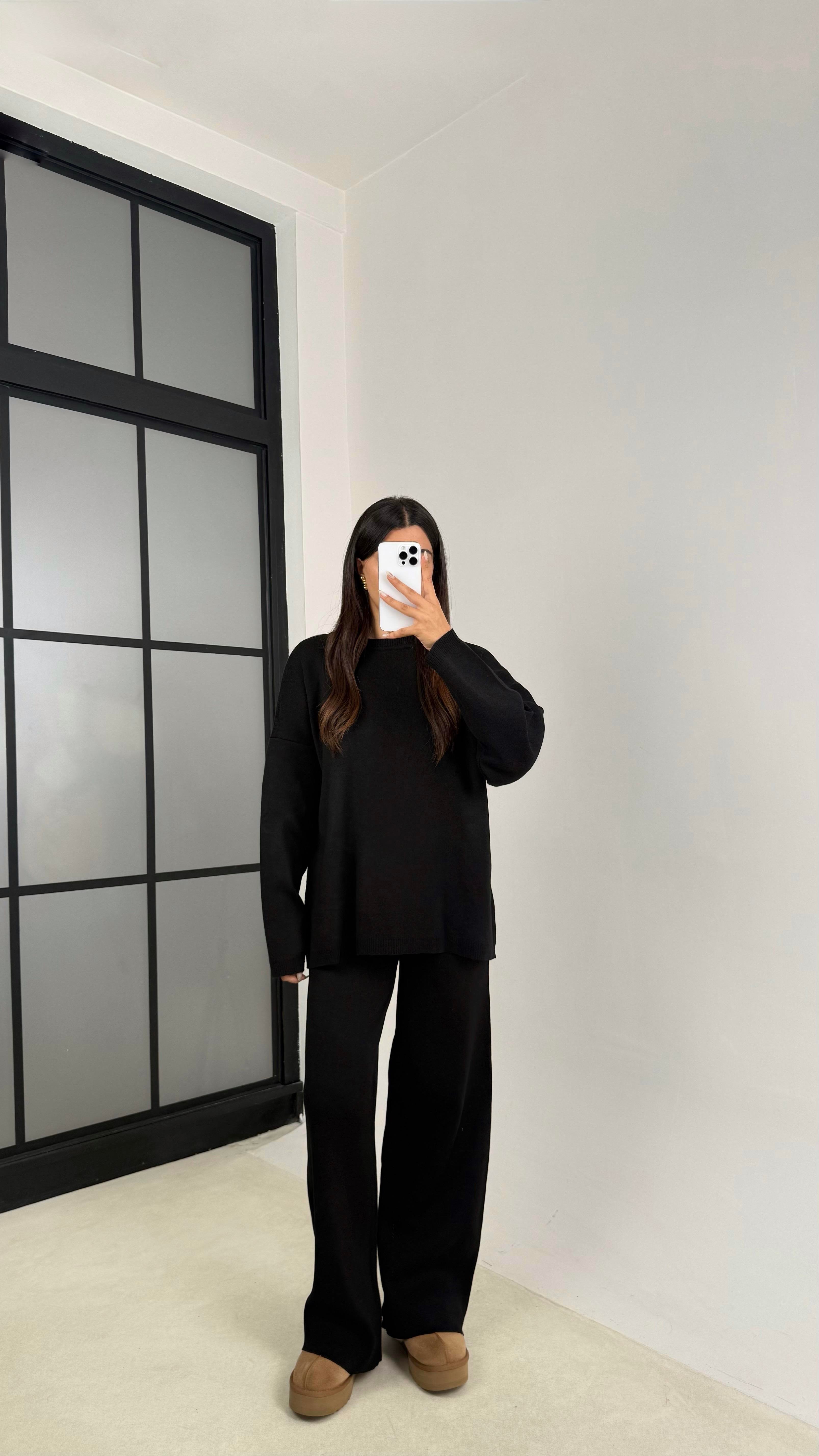 Siyah Uzun Kol Kazak Beli Lastikli Pantalon İkili Triko Takım GAUS-00103GAUSTAKIMGAUS-00103