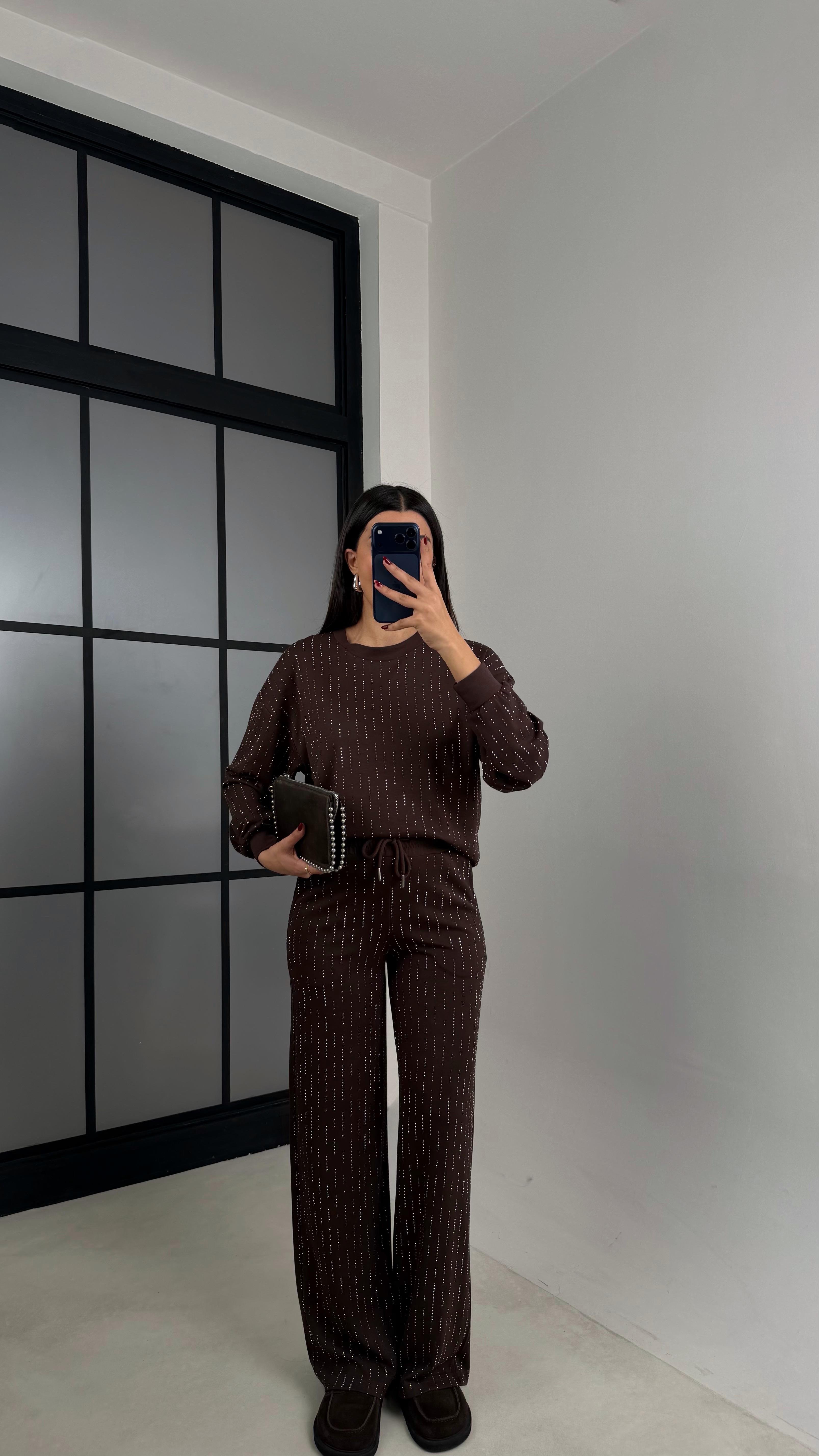 Kahve Kazak Beli Lastikli Pantolon Taş Detaylı Tasarım İkili Modal Takım GAUS-00674GAUSTAKIMGAUS-00674