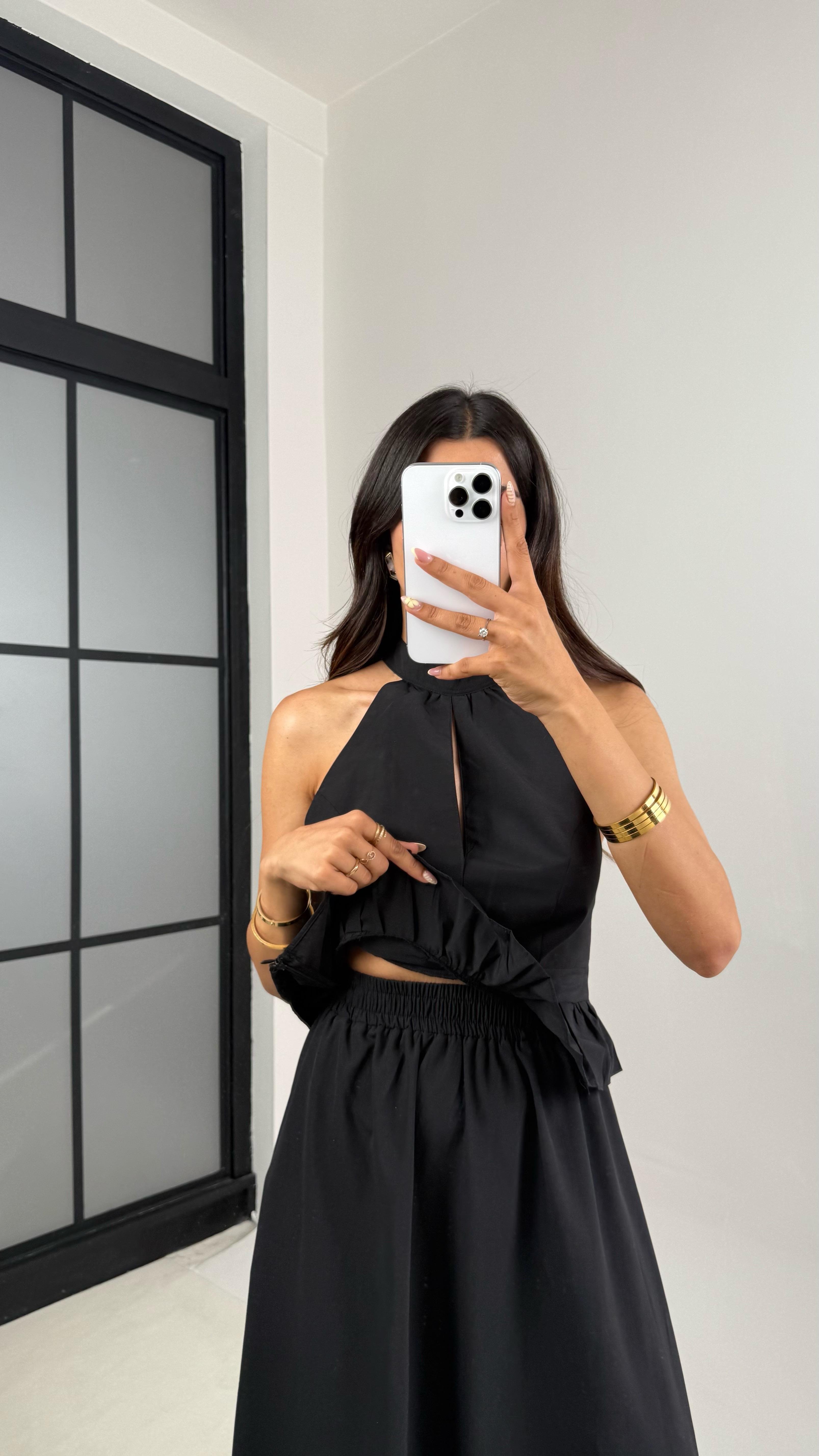 Siyah Gold Toka Detaylı Bluz Beli Lastikli Etek İkili Takım Gaus00678GausTAKIMGU1002561