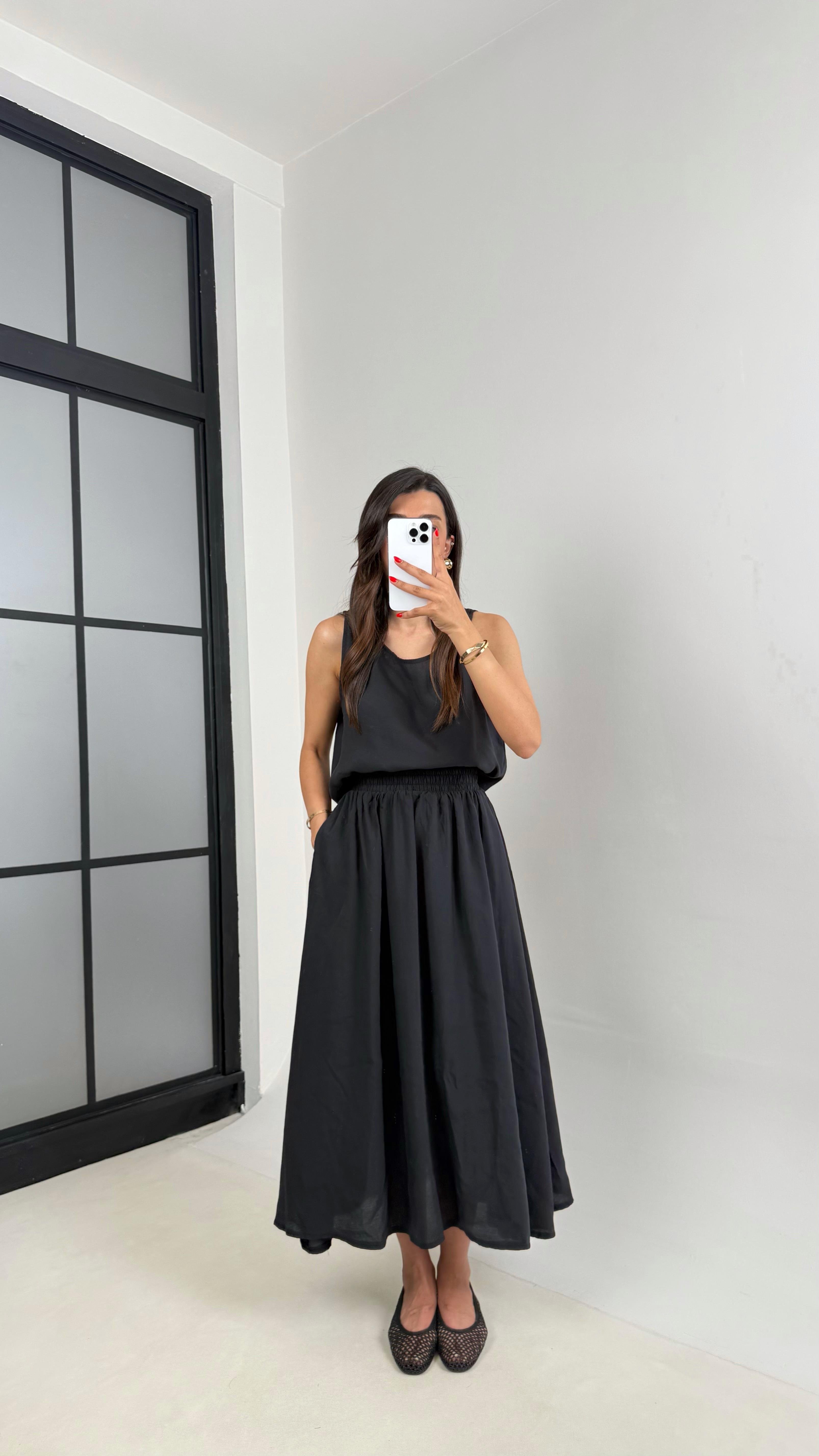 Siyah Bluz Beli Lastikli Etek İkili Kırışık Tencel Takım Gaus00522GausTAKIMGU1002225