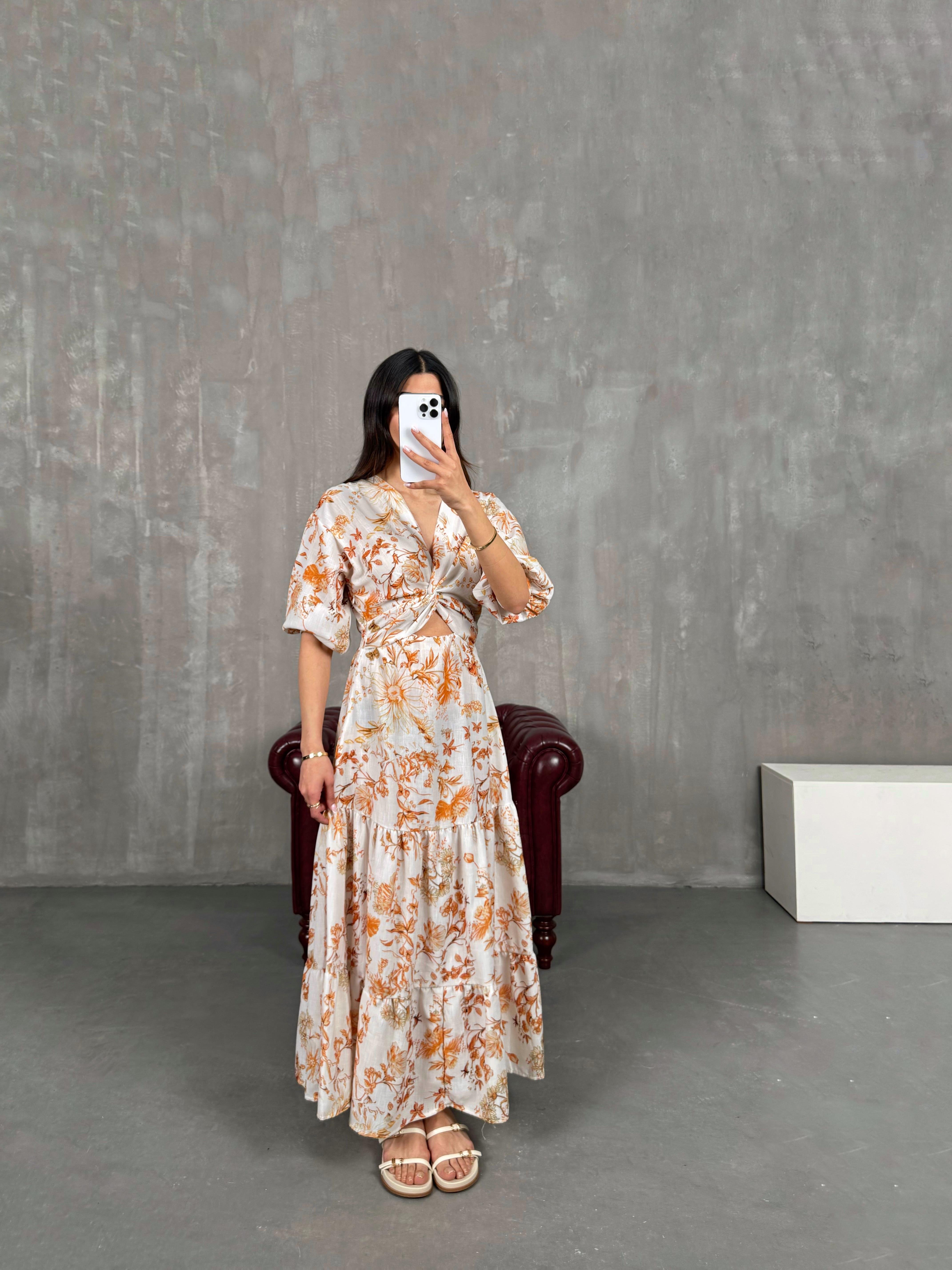 Taş V Yaka Turuncu Çiçek Desenli Beli Lastikli Keten Elbise Gaus00266GausELBİSEGU1001614