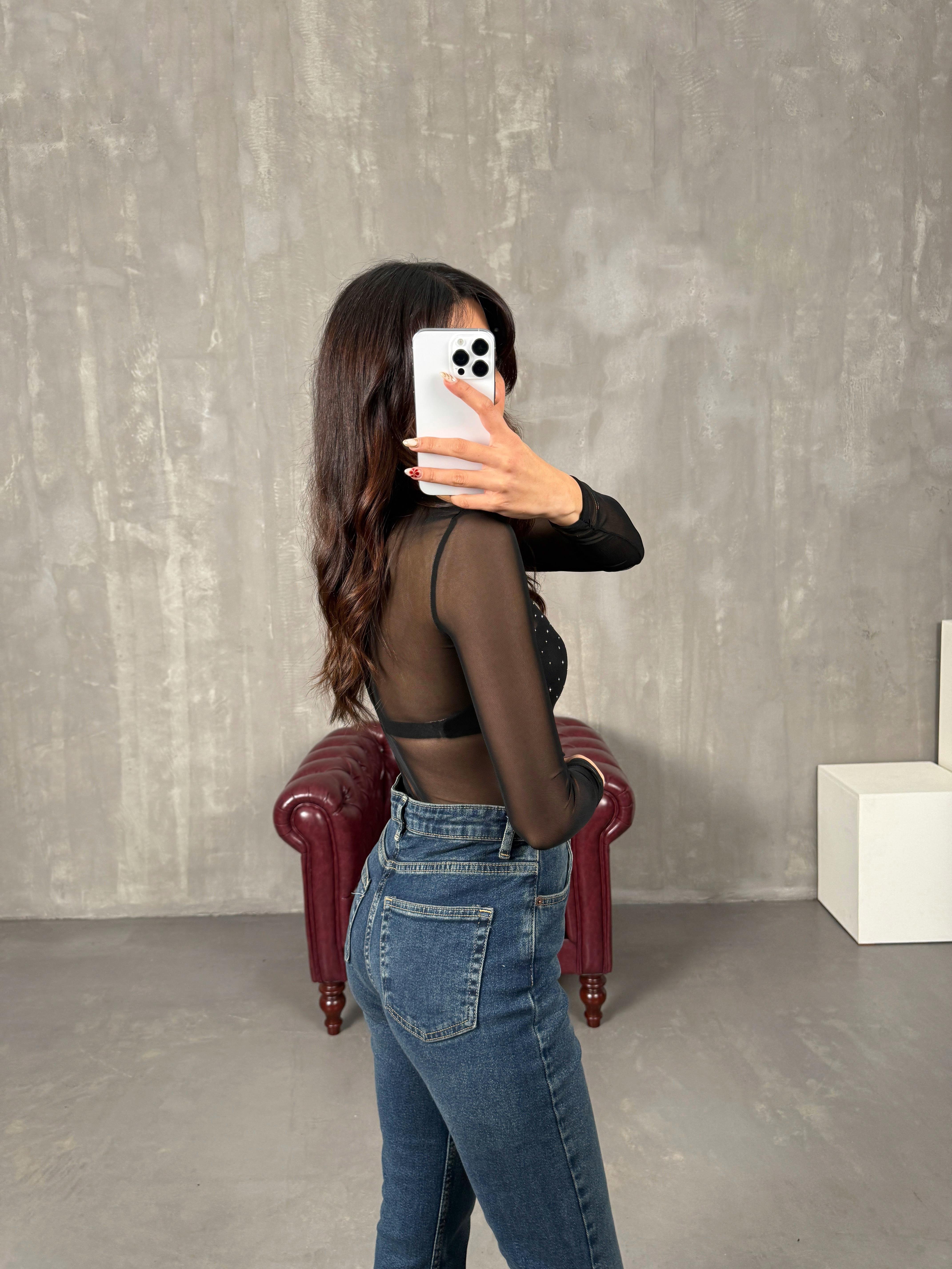 Reyya Gümüş Taşlı Transparan Bodysuit GausBODYSUİTGU100165