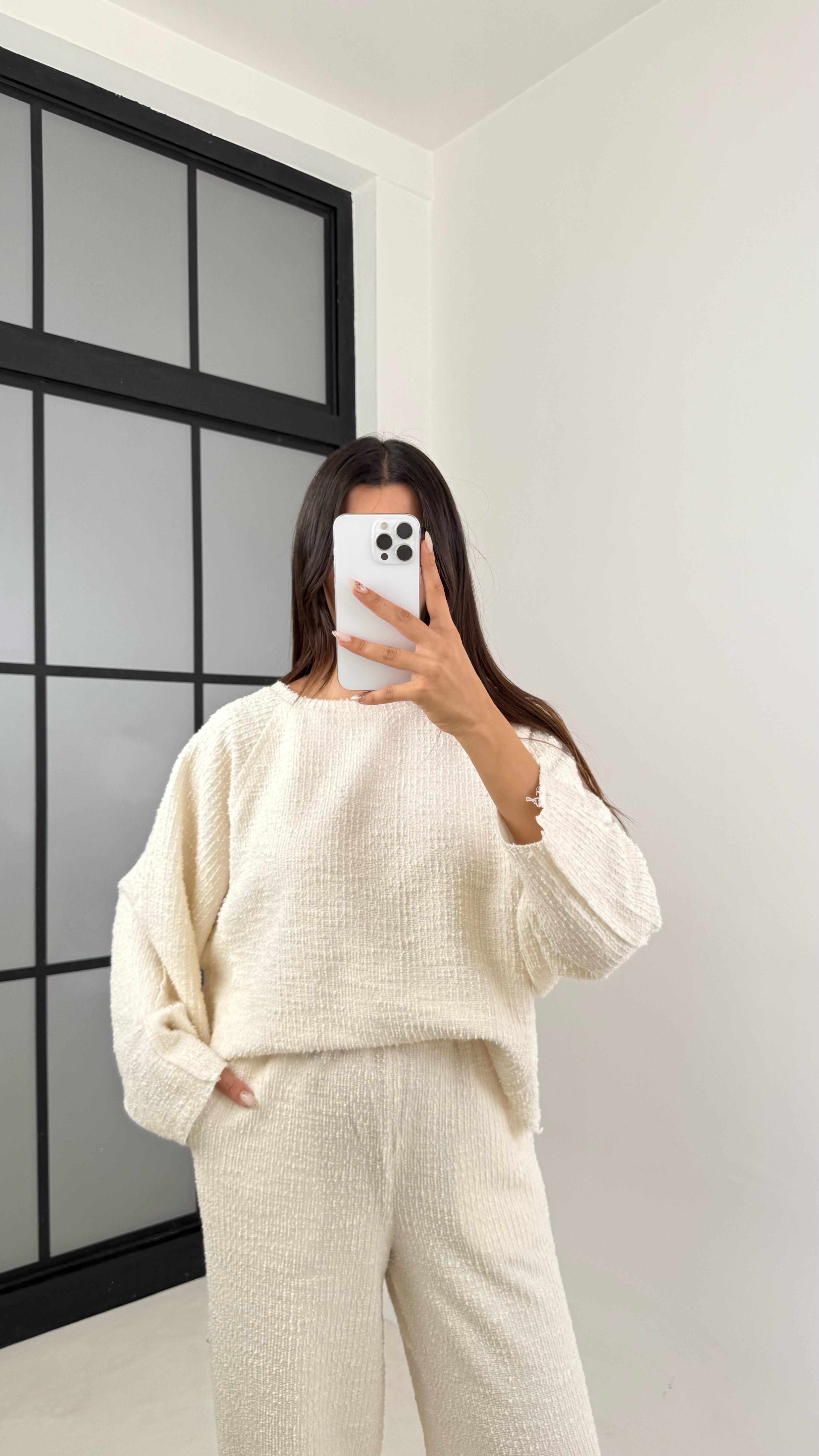 Ekru Kazak Beli Lastikli Pantolon Buklet Kumaş İkili Takım GAUS-00138GAUSTAKIMGAUS-00138