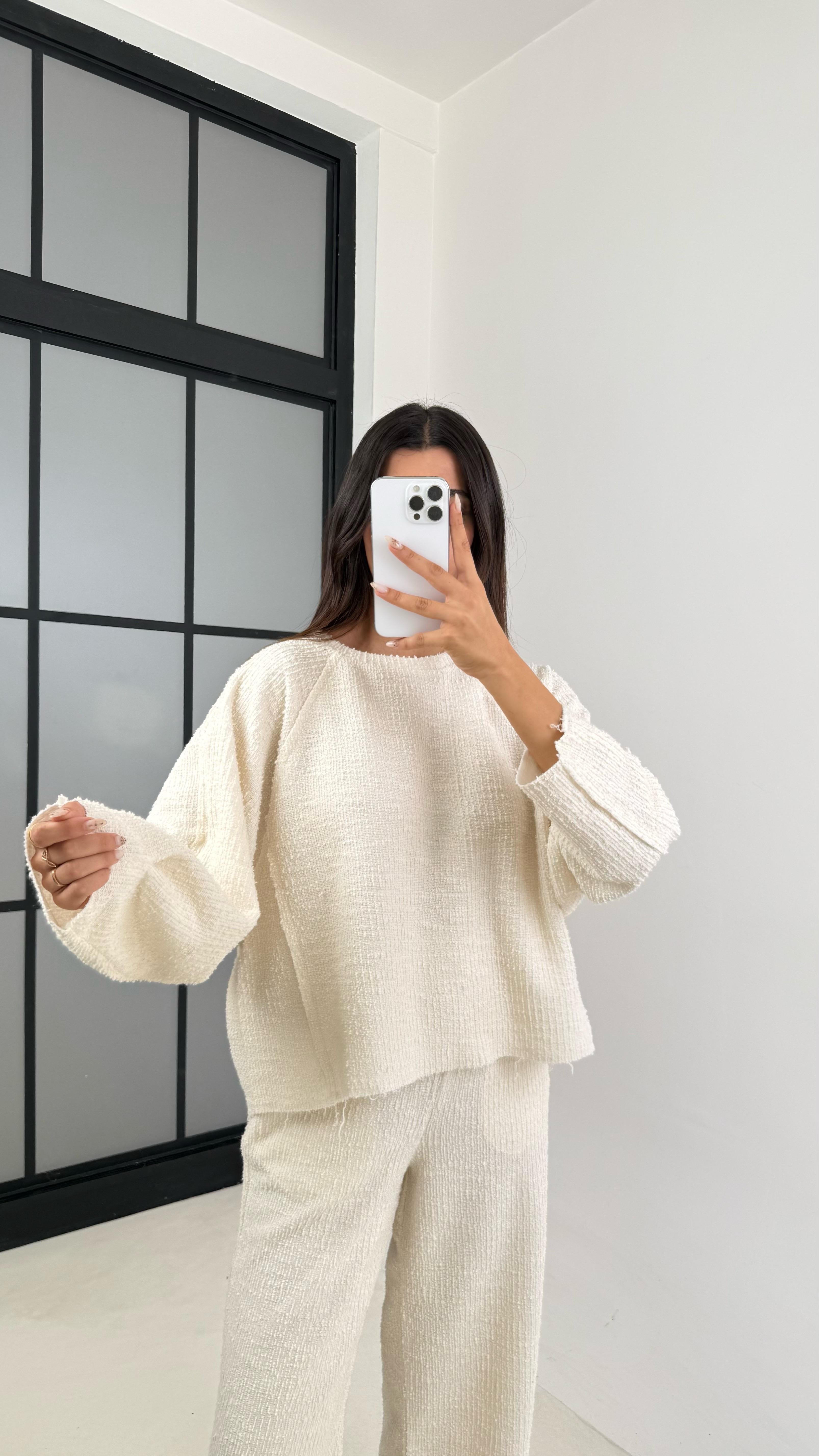 Ekru Kazak Beli Lastikli Pantolon Buklet Kumaş İkili Takım GAUS-00138GAUSTAKIMGAUS-00138